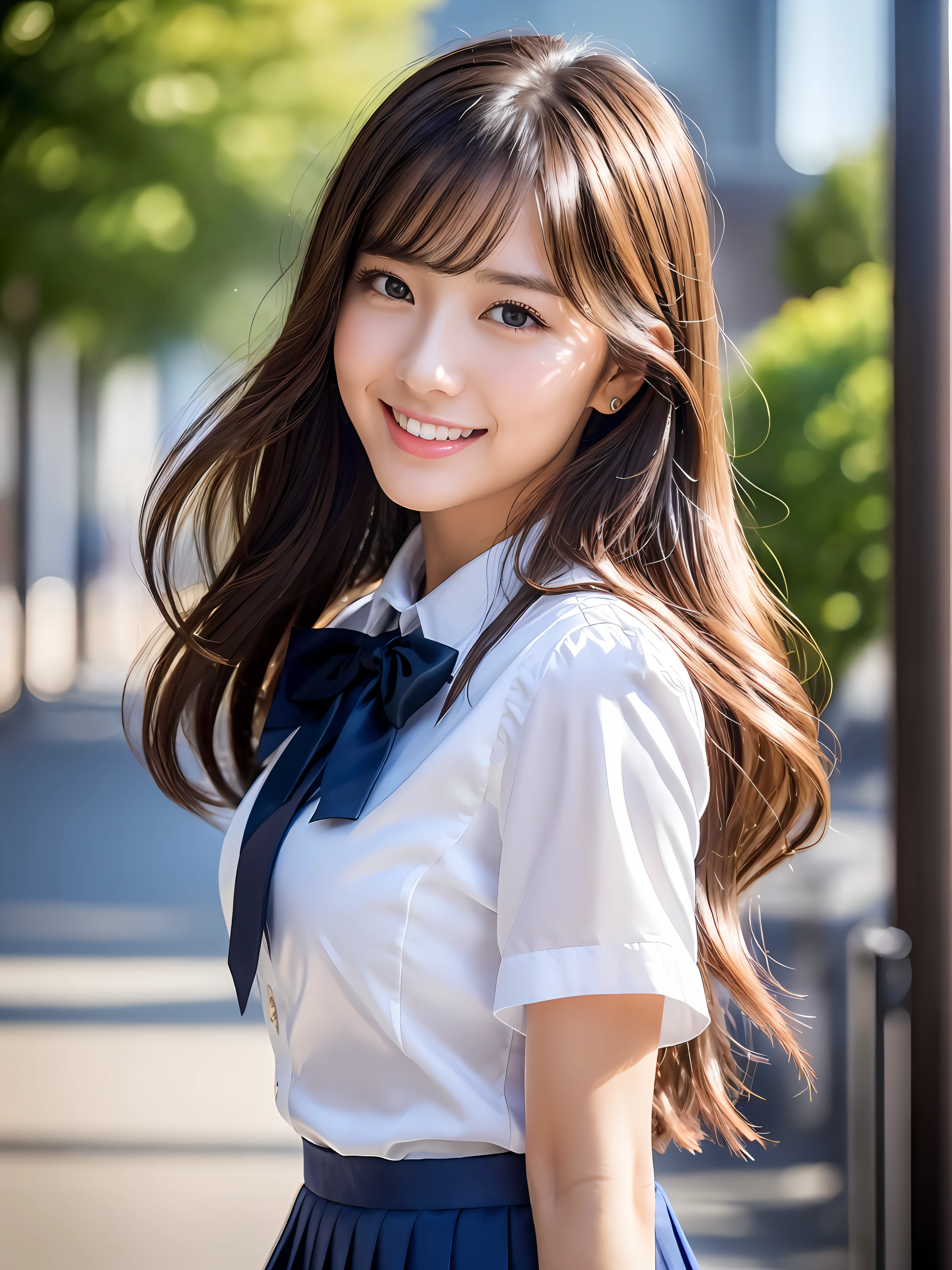 masterpiece, close-up shot of face, View from the front, 1 woman per photo, young beautiful japanese woman, Walking down the school hallway with a big smile and carrying my school bag on my shoulder., glamorous look, Wearing a silky white collared short-sleeved shirt、He wears a shiny satin red plain bow tie.。, hyper pretty face, glossy lips, double eyelids in both eyes, natural makeup, long eyelashes, Shiny smooth light brown medium length hair, asymmetrical bangs, sunburned skin, wearing a navy blue pleated skirt, head inside the frame, center image, 8K resolution, high detail, detailed hairstyle, detailed face, great cinematic lighting, octane rendering, lively, surreal, perfect limbs, perfect anatomy