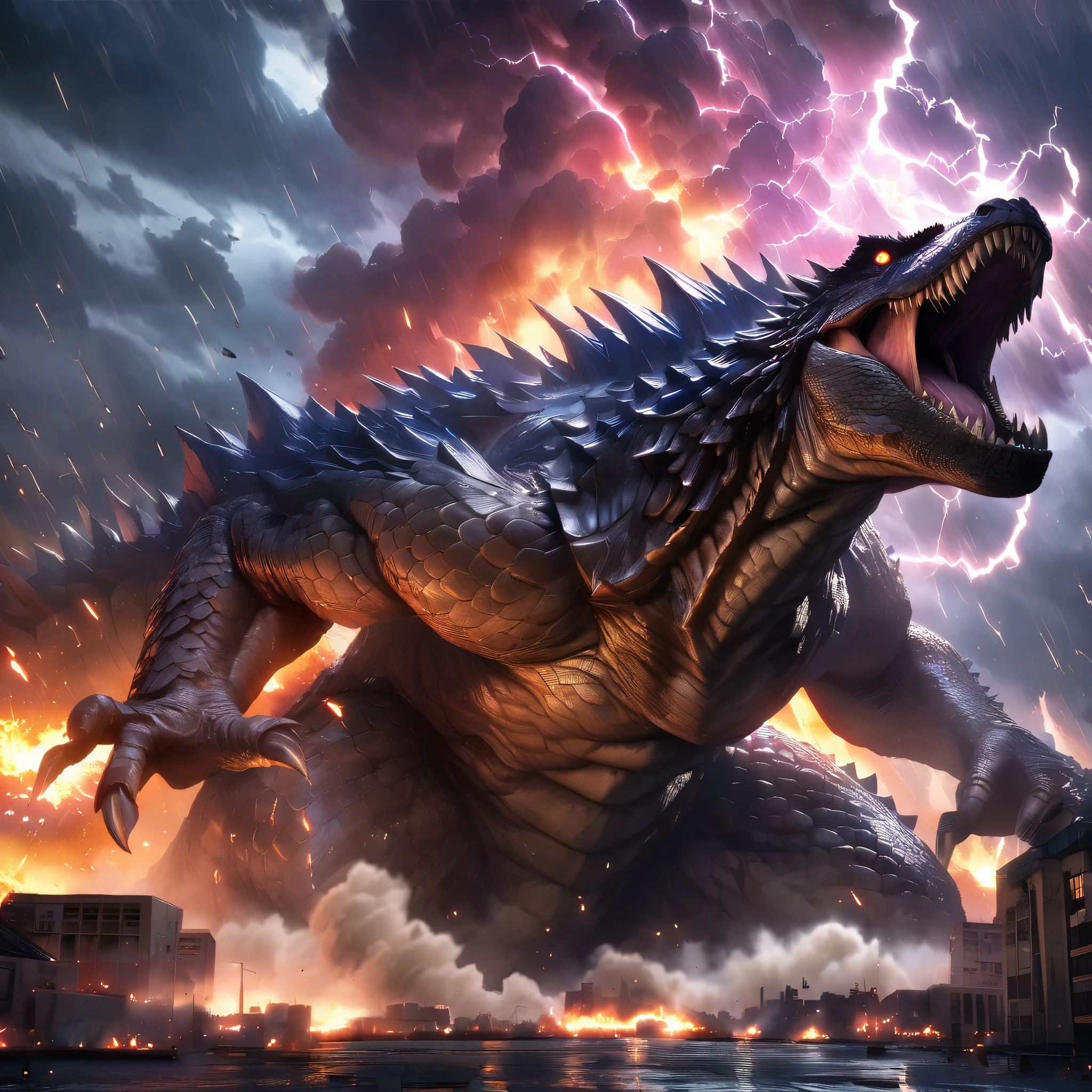 Godzilla rampaging through a city, ancient creature, destructive, thunderstorm, thick smoke, disaster scene, massive size, immense power, fear-inducing, detailed scales, realistic lighting, cinematic quality, HDR, ultra-detailed, studio lighting, professional, vibrant colors, detailed cityscape, dramatic sky, dynamic composition, epic proportions.