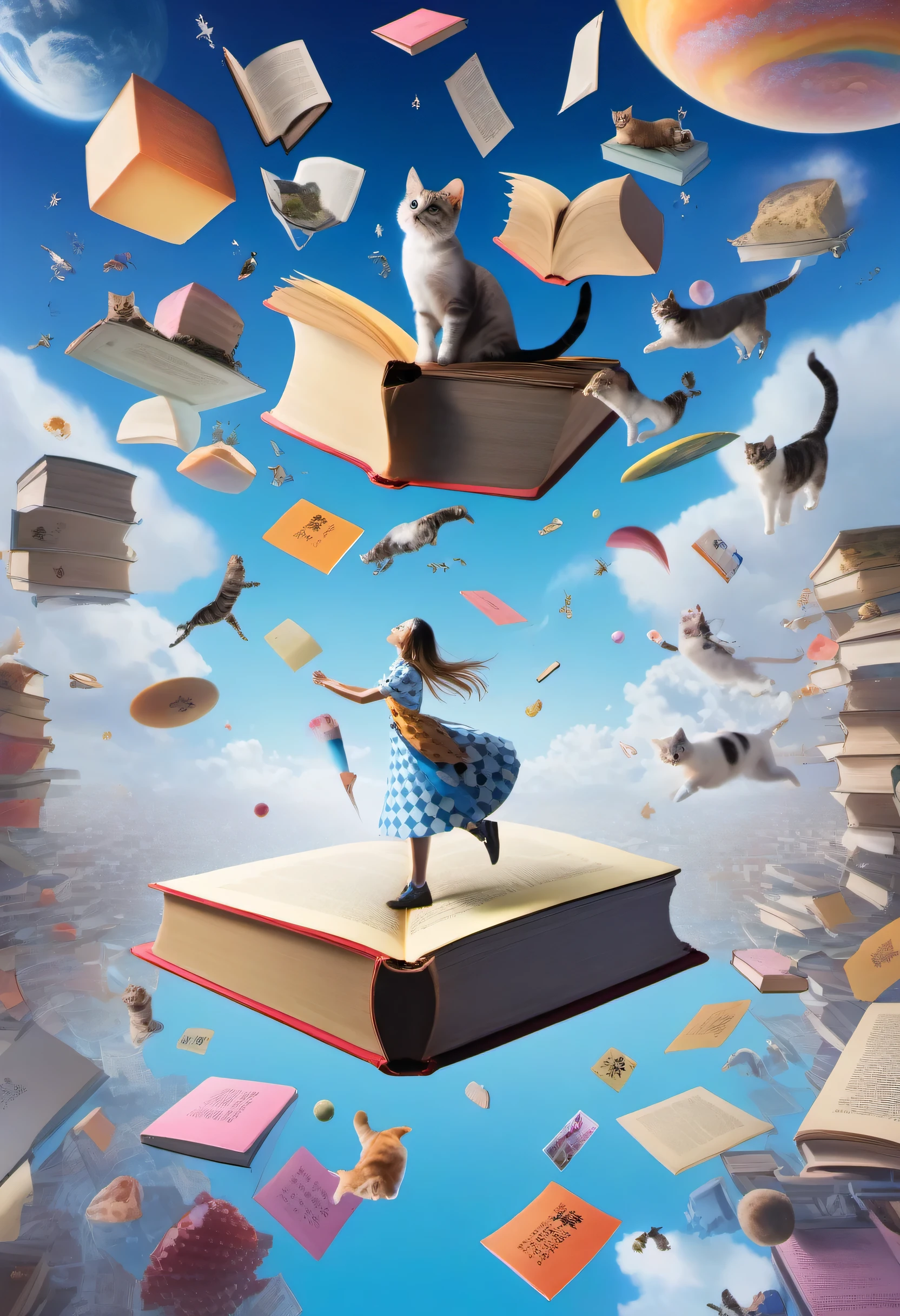 cartoon style、A girl who came out of a thick book、Home&Boken > Supplies > Cleaning Products > cat and dog floating in the air> sweeper:1.3、alice pudding、surreal photos、surrealism painting、art photography、promotional image、a hyperrealistic painting、Hyper-Realism、panfuturism、the most surreal picture、ultra-definition、Colorful、masutepiece、
