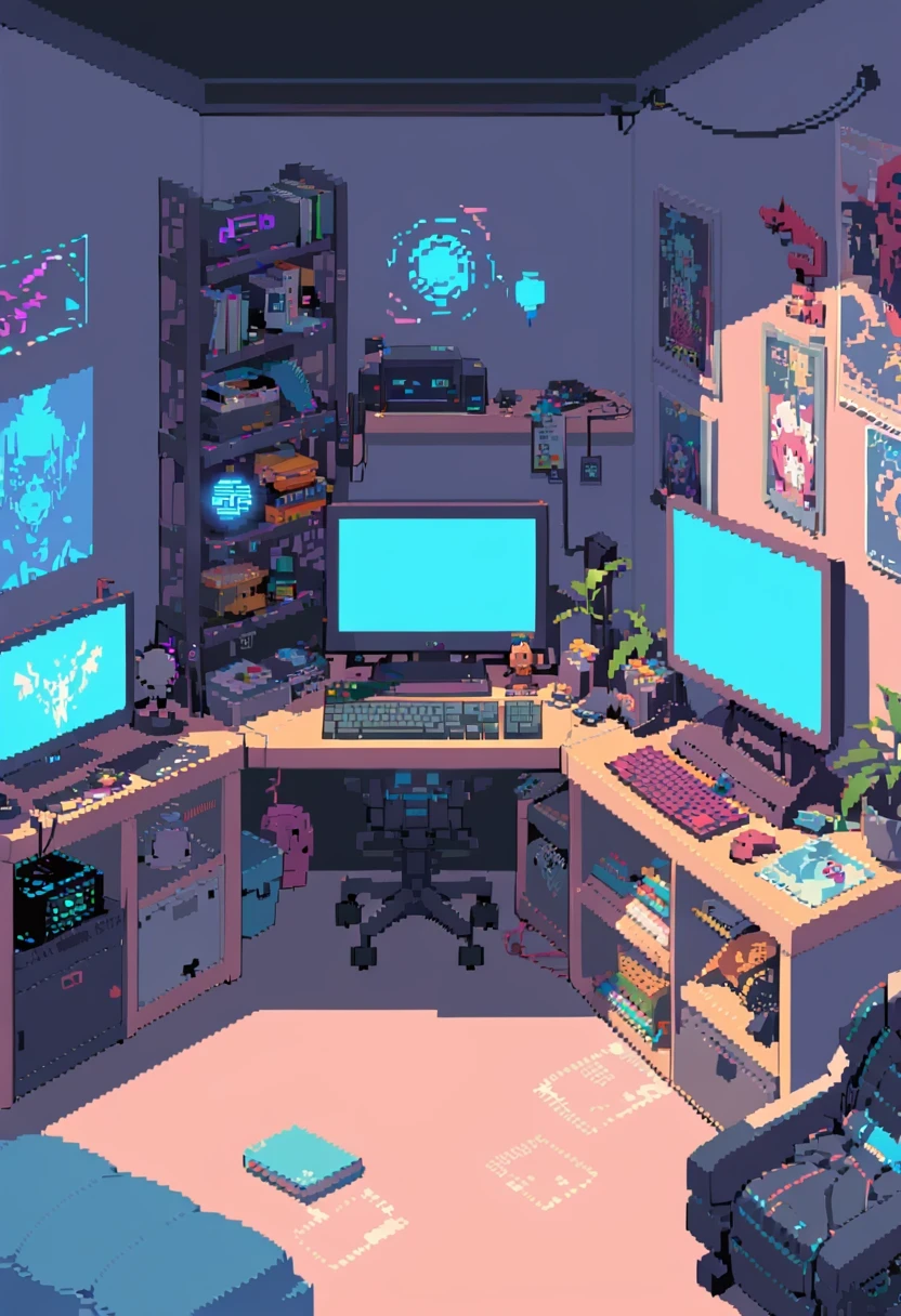pixel art, There is a girl sitting on the bed in the room playing video games, big tv, Teen room with books, cyberpunk, Inspired by Liam Wong, night, darkroom, Lo-Fi illustration style, gaming room, study in room, Cyril turned over and m.wakaluta, Teen room.