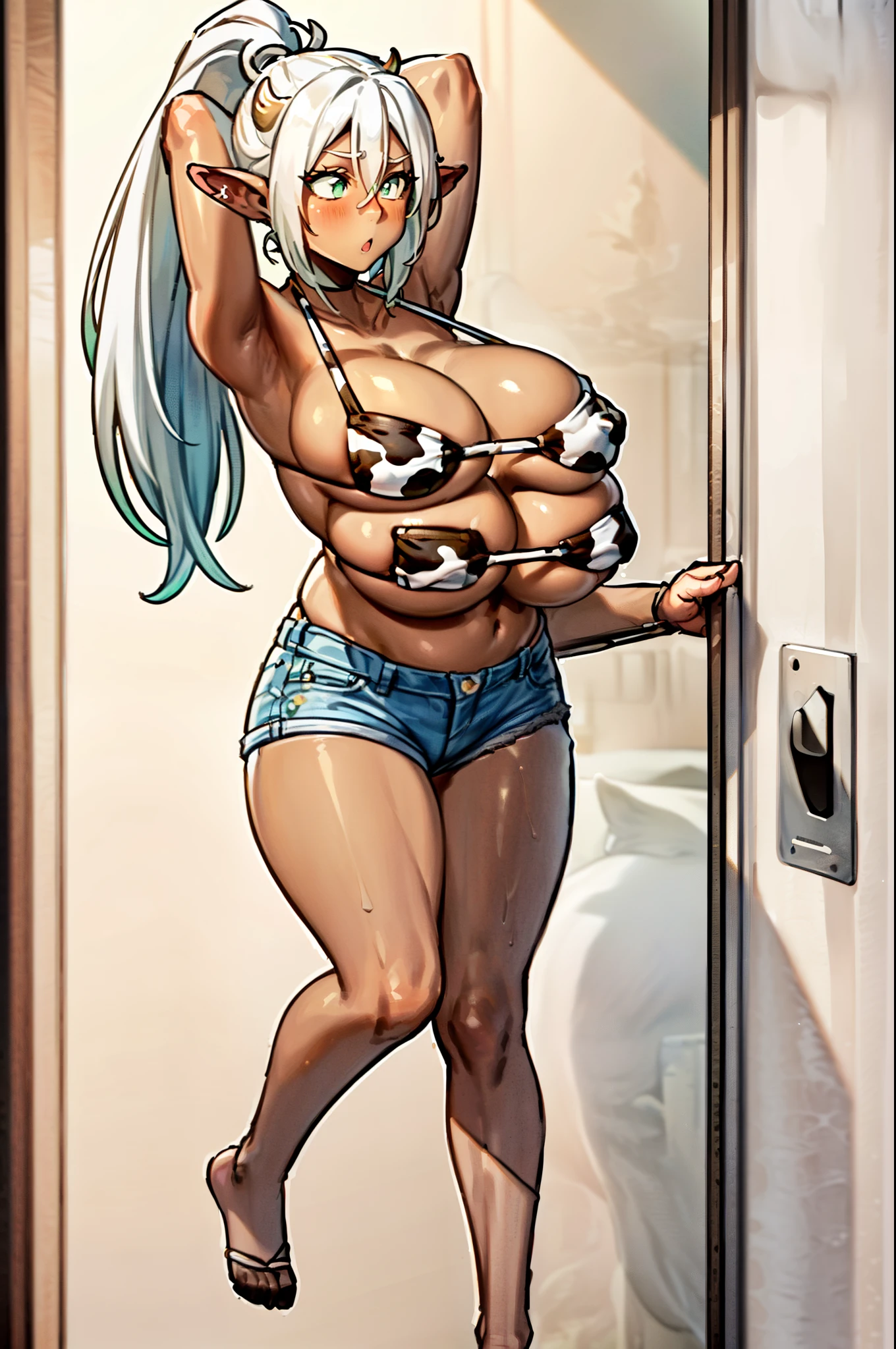 masterpiece, best quality, extremely detailed, 1girl, milf, solo, (dark skin, brown skin:2), shiranui mai, (huge breasts:1.6), ((((white hair), long hair, ponytail, green eyes, pointy ears))), parted lips, (((bikini, cow print bikini, denim shorts))), ((blush, :o), closed mouth), ((arms behind head, bedroom))