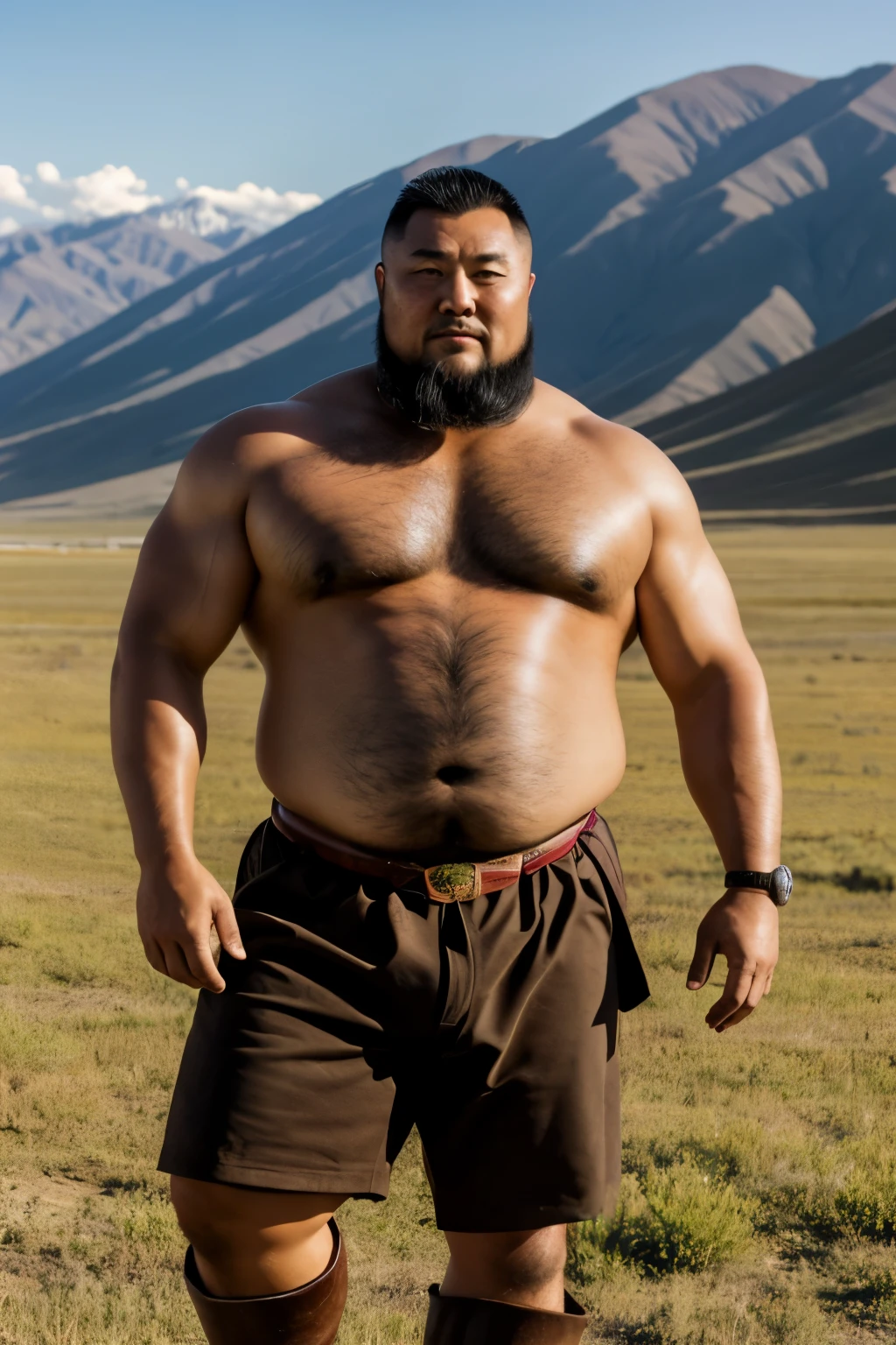 A Mongolian man riding a horse， standing on a mogolian grassland, mongol，short haired，Thick body hair, Strong masculine characteristics, sexy muscular body, partially male hairy torso,masculine and strong，sexy muscular upper body,Fat belly,light tan skin, robust stocky body, beefy, belly button showing, half man half asian black bear, potbelly, dad bod, half man half asian black bull, full body shot, background is mogolian landscape 