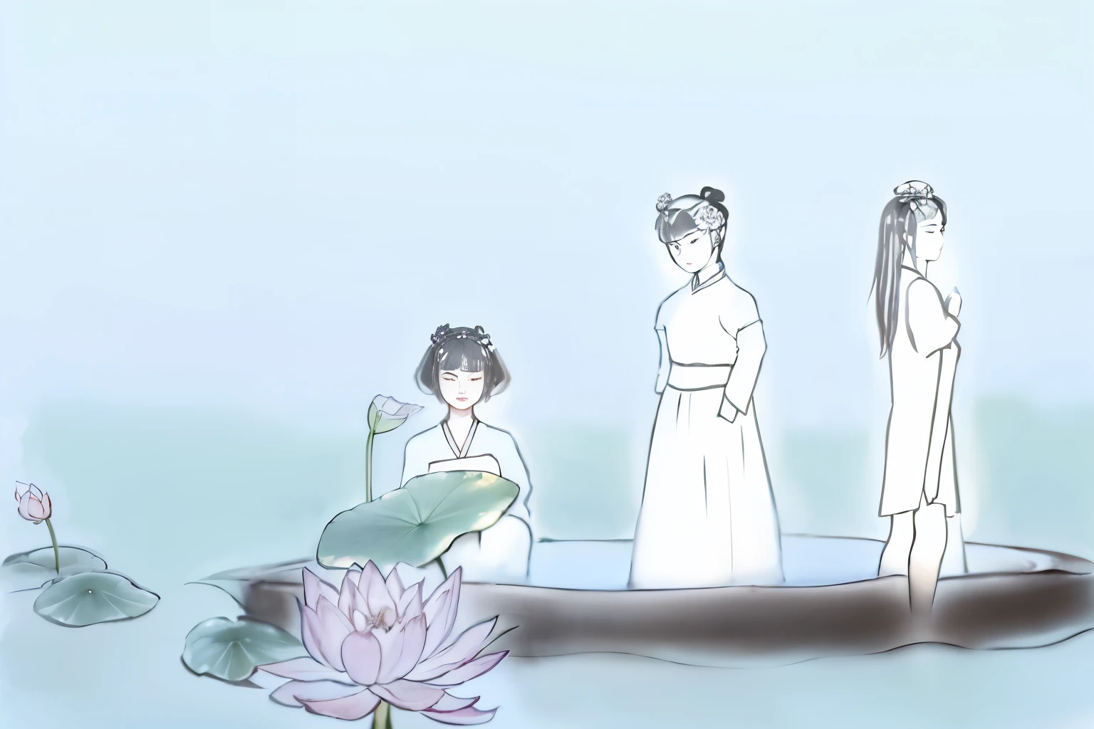 there are three people standing In a pond with a lotus, sitting on lotus, In a pond, Inspired by Lu Ji, Serenity illustration, Inspired by Tang Yin, standing on lotus, Inspired by Wushan Trail Shituk, sitting by the pond, animation stills, palace , A girl wearing Hanfu, on the lake, Lotus Pond