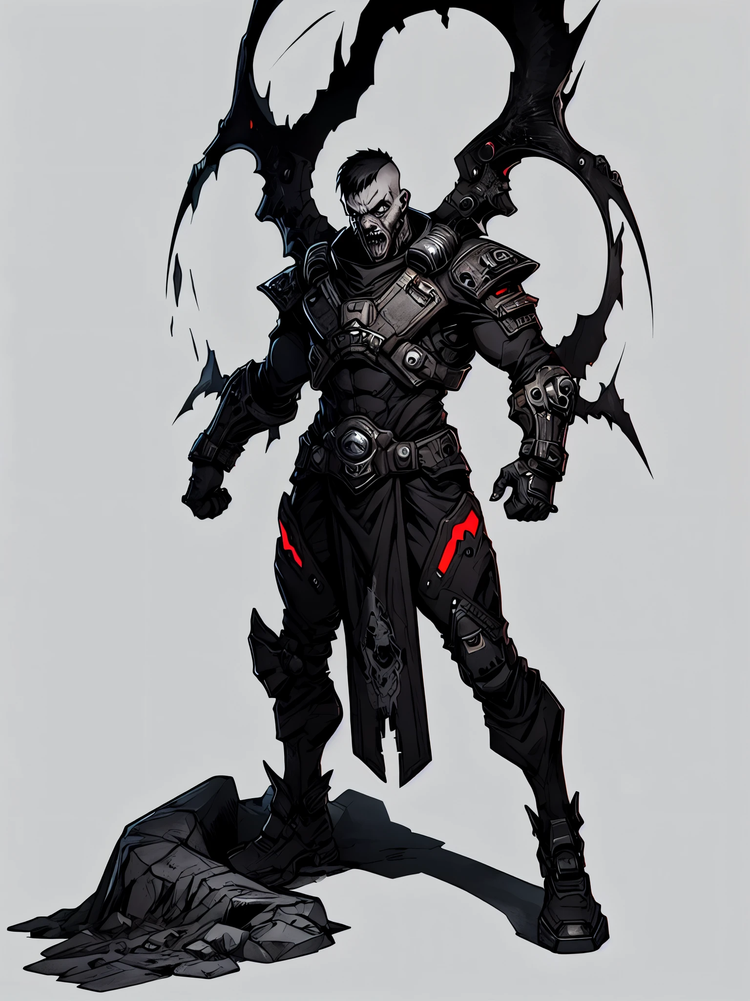 post-apocalypse, Doomsday wasteland style, concept art, character painting, full body, standing, 1boy, solo, evil man, the villain, male focus, correct hands, detailed hands, detailed body, detailed face, black hair, punk haircut, white background, holding, solo, standing, horror, science fiction, simple background, opened arms