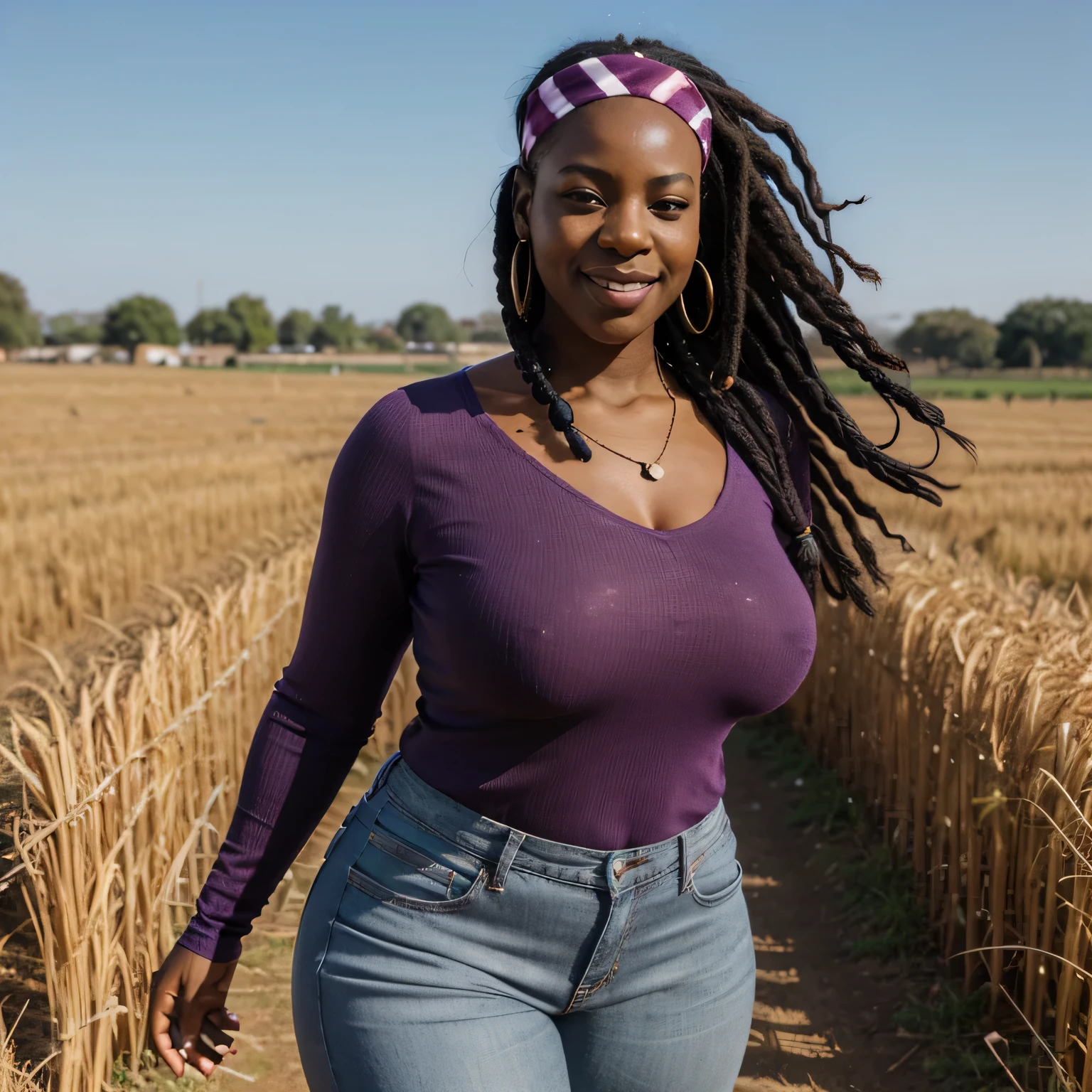 An african, tall heighted, grinning lady wearing grey jeans, burgundy-purple vertical striped & long sleeved top, long dark dreadlocks, a tiny necklace, black-grey embroidered headband under her dreadlocks, thick lips, black eyes, thick legs and big booty, big breasts, neat and defined eyebrows, she walks, front angle, breasts showed angle, in green wheat field and few crows are flying at background
