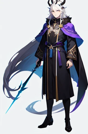 ((best quality)), ((mastanime character dressed in black and purple with white hair and horns, anime character; (((full body art))), Anime full body illustration, White-haired Nuegami, beautiful male nue, Handsome man with dragon slayer art, ((wearing a noble&#39;s robes)), fox ears, tall anime man, ((have long white hair)), astral witch clothes, Stylish Dark Witch Piece)), (detailed), perfect face