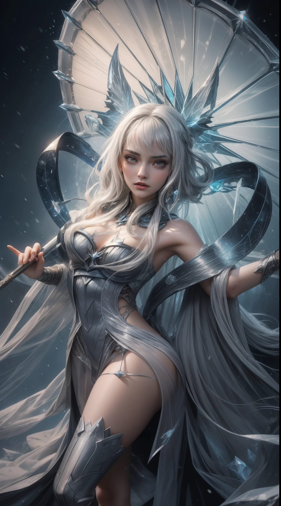 close up of a girl holding an umbrella covered in snow, crystal skin, ice mage, ice princess, maya ali as storm witch, maya ali as lightning mage, ice master, ice spell , frost, ice witch, heise jinyao , astri lohne, ice gem, with icy power