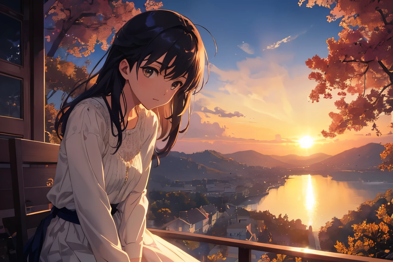 Create exquisite illustrations reminiscent of Makoto Shinkai's style, It has ultra-fine details and top-notch quality. Create a high-quality illustration of a beautiful girl sitting atop a hill, gazing at the nostalgic sunset. Ensure that the overall composition exudes a sense of nostalgia and fantasy, with intricate details capturing the essence of the moment. Pay attention to elements such as the warm hues of the setting sun casting a golden glow over the landscape, the gentle breeze ruffling the girl's hair, and the serene expression on her face as she reflects on the beauty of the scene. Aim for a finely crafted artwork that conveys the tranquility and introspection of the moment, creating a captivating and immersive atmosphere. best quality, masterpiece