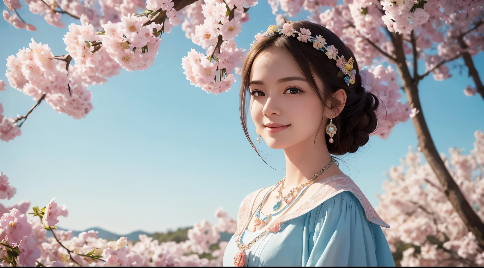 masterpiece, award winning, high quality, super detail, 8k, photo, simple pose, girl, (solo), smile, ancient clothing, detailed clothes, dressed up, spring clothes, ancient accessories, (theme color is bright light blue and pale coral pink), complemented with a necklace, (close up of face), (portrait style), at the old castle, classic European style, in early spring, natural daylight, direct sunlight, harmonious color palette and composition