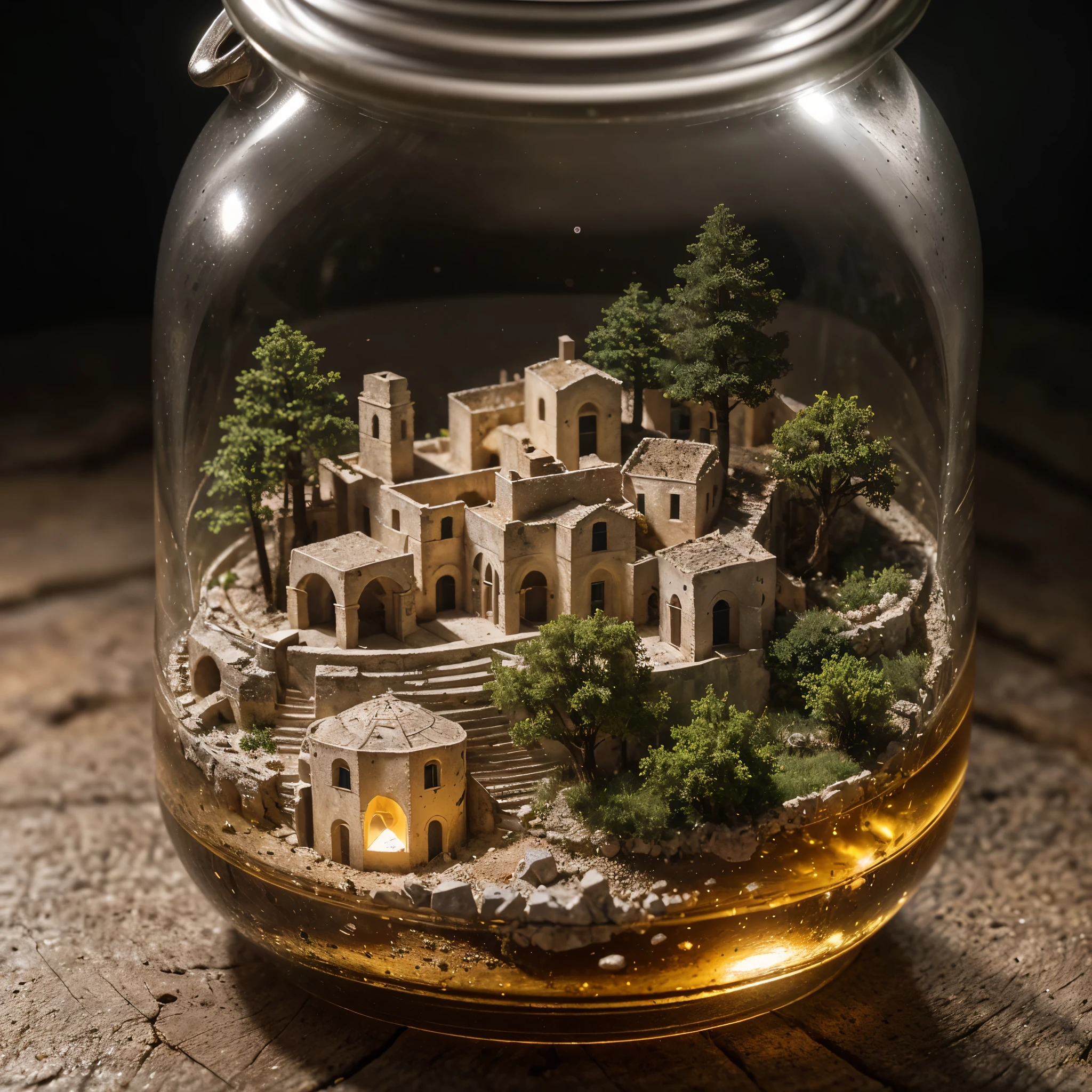 (An intricate minitown Matera landscape trapped in a bottle), atmospheric oliva lighting, on the table, 4k UHD, dark vibes, hyper detailed, vibrant colours forest background, epic composition, octane render, sharp focus, high resolution isometric, (film grain:1.3), The light is sparkling, high quality photography, 3 point lighting, flash with softbox, 4k, Canon EOS R3, hdr, smooth, sharp focus, high resolution, award winning photo, 80mm, f2.8, bokeh