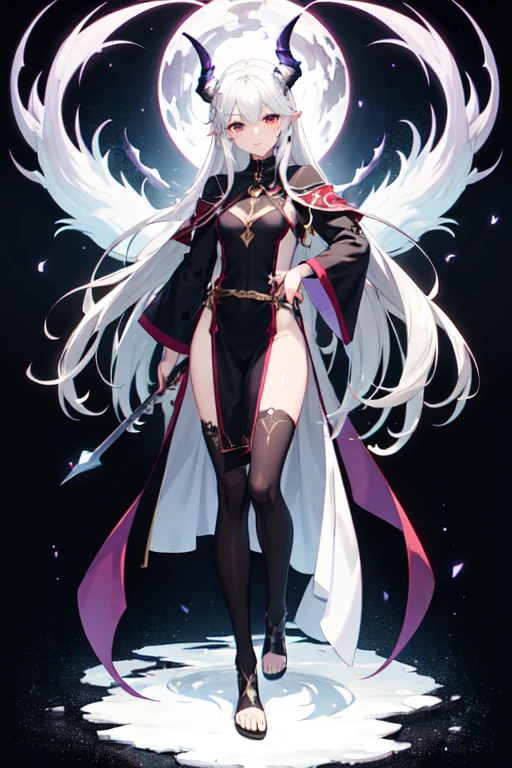 ((best quality)), ((mastanime character dressed in black and purple with white hair and horns, anime character; (((full body art))), Anime full body illustration, White-haired Nuegami, beautiful male nue, Handsome man with dragon slayer art, ((wearing a noble&#39;s robes)), fox ears, tall anime man, ((have long white hair)), astral witch clothes, Stylish Dark Witch Piece)), (detailed), perfect face