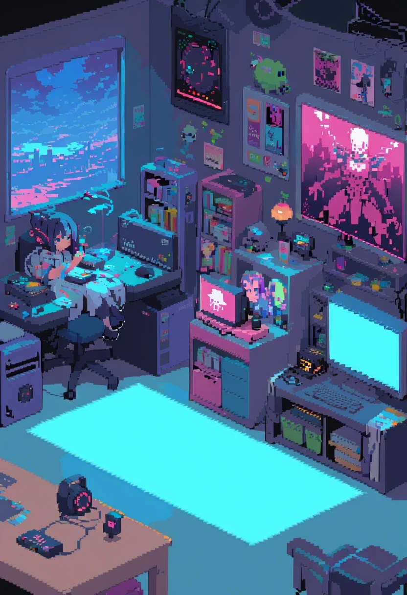 pixel art, There is a girl sitting on the bed in the room playing video games, big tv, Teen room with books, cyberpunk, Inspired by Liam Wong, night, darkroom, Lo-Fi illustration style, gaming room, study in room, Cyril turned over and m.wakaluta, Teen room.
