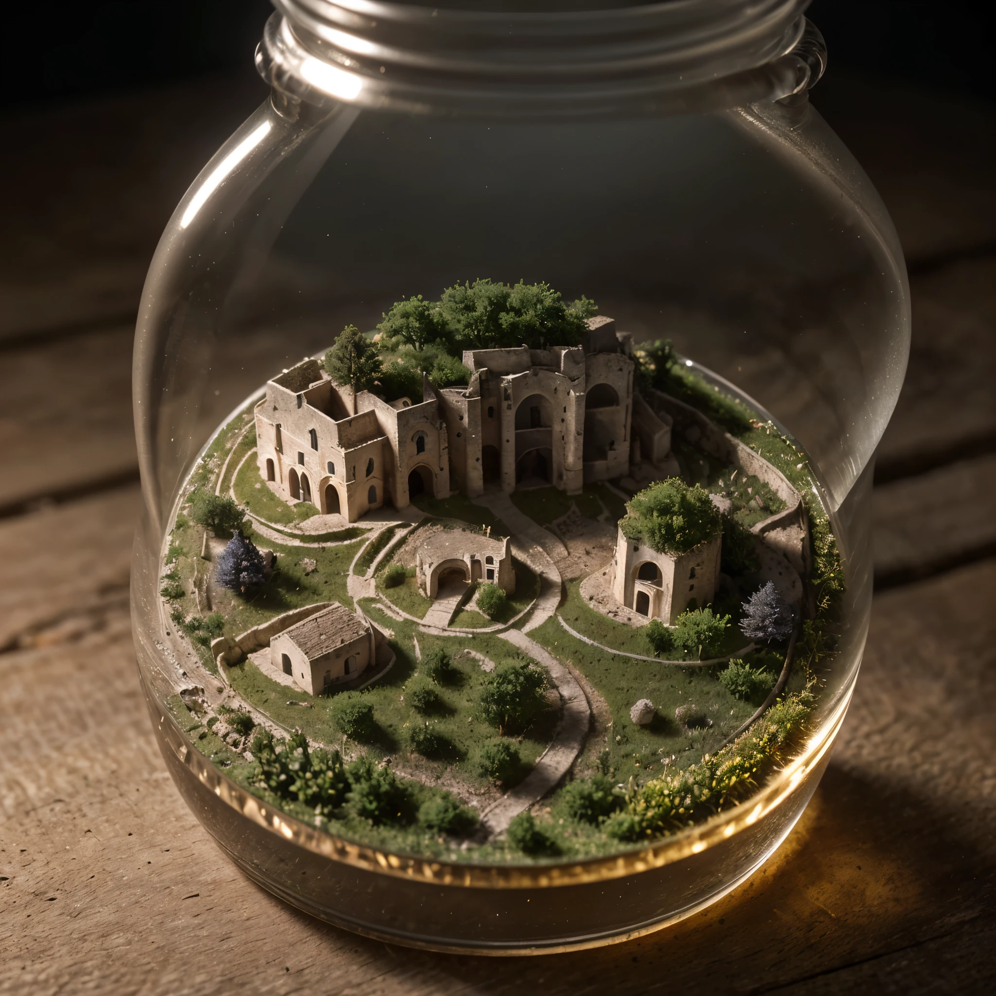 (An intricate minitown Matera landscape trapped in a bottle), atmospheric oliva lighting, on the table, 4k UHD, dark vibes, hyper detailed, vibrant colours forest background, epic composition, octane render, sharp focus, high resolution isometric, (film grain:1.3), The light is sparkling, high quality photography, 3 point lighting, flash with softbox, 4k, Canon EOS R3, hdr, smooth, sharp focus, high resolution, award winning photo, 80mm, f2.8, bokeh