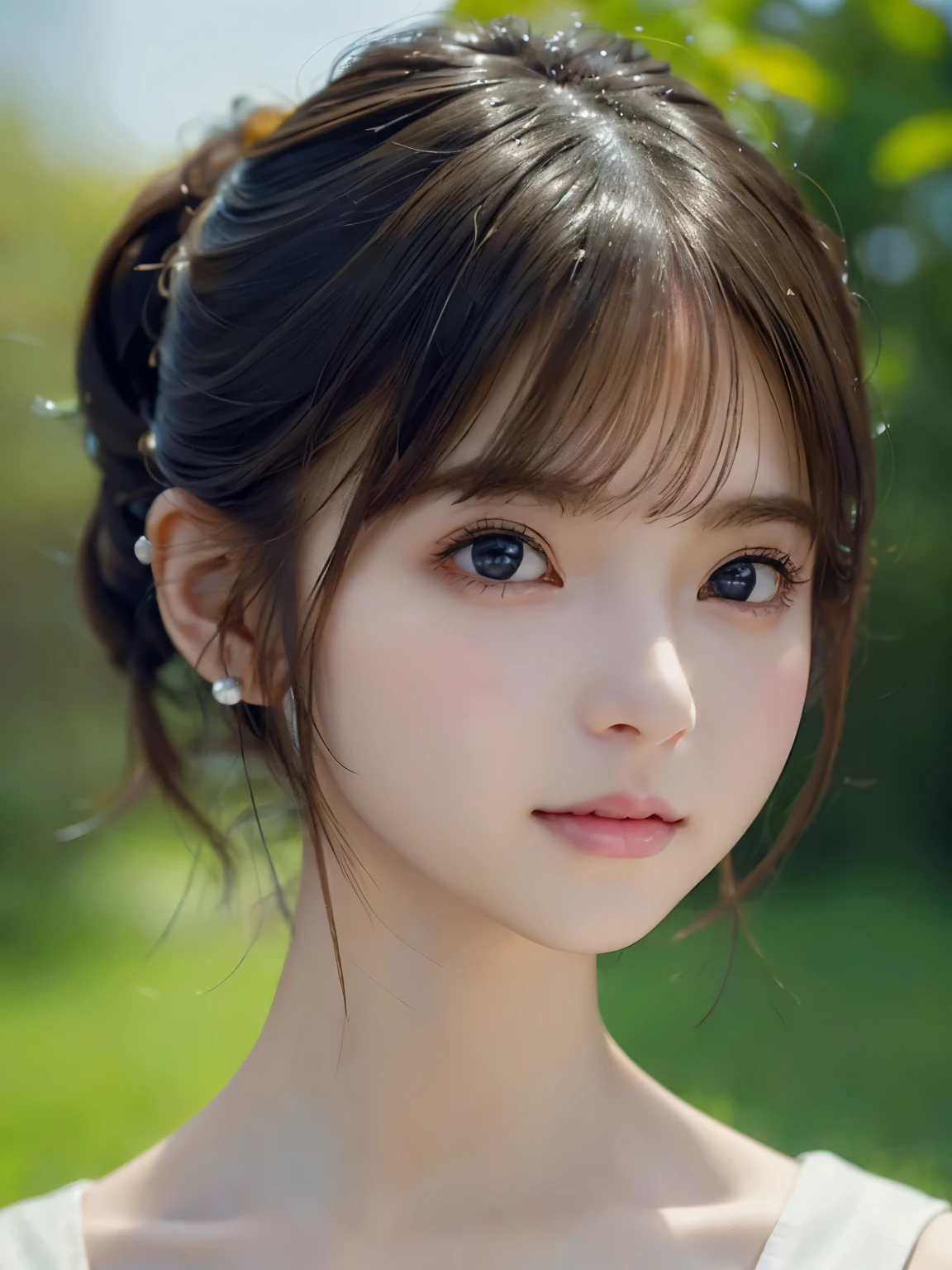 short hair、grassland、(You can see both sides:1.6)、（from the chest up:1.6)、laughter、Close-up portrait of a girl wearing white sleeveless top dress and earrings, soft portrait shot 8k, nice delicate face, High quality 4K portraits, high quality portrait, soft and perfect white skin, 8K highly detailed face, beautiful and delicate face, beautiful light big eyes, beautiful and realistic face, with a beautiful girl, beautiful and realistic face, cute girl