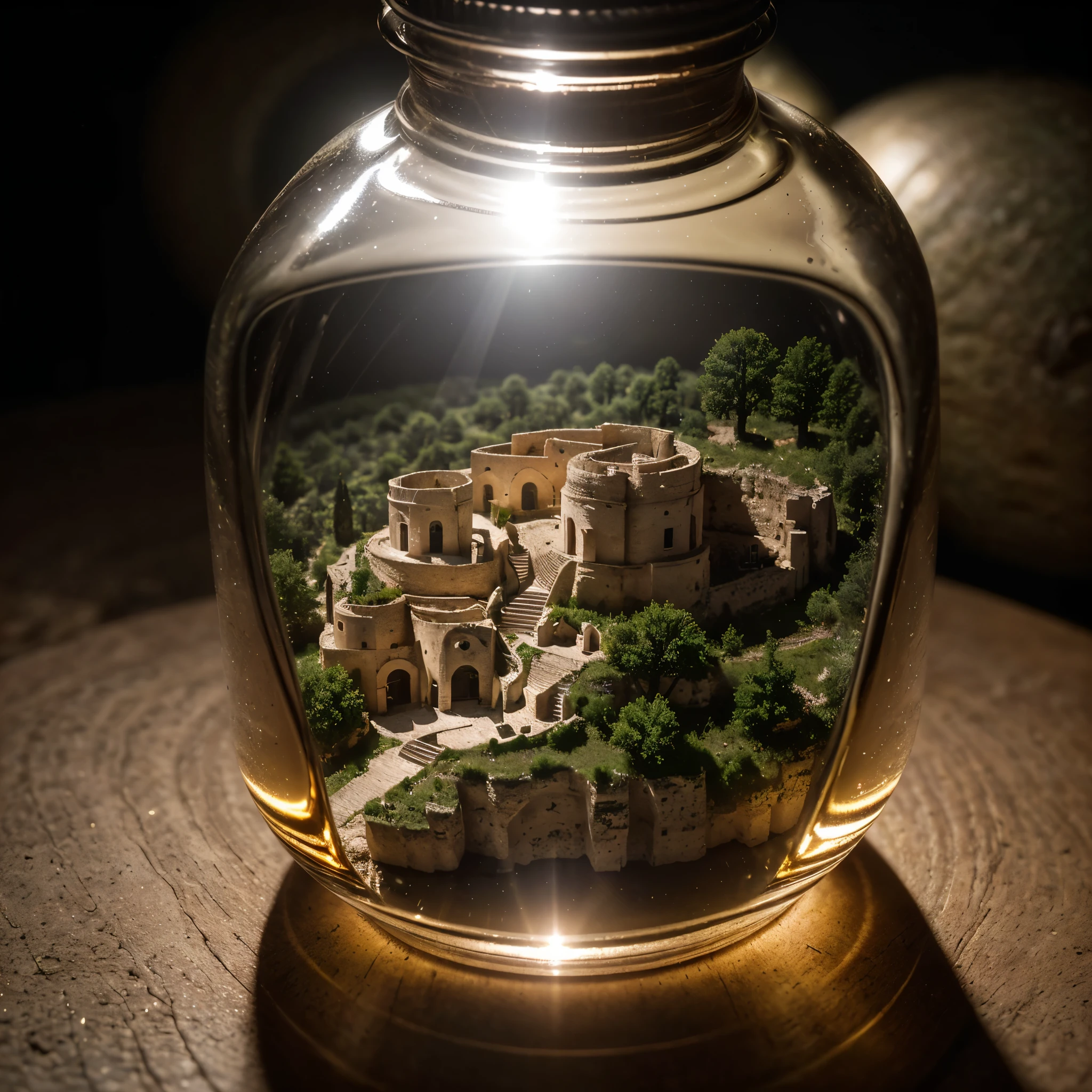 (An intricate minitown Matera landscape trapped in a bottle), atmospheric oliva lighting, on the table, 4k UHD, dark vibes, hyper detailed, vibrant colours forest background, epic composition, octane render, sharp focus, high resolution isometric, (film grain:1.3), The light is sparkling, high quality photography, 3 point lighting, flash with softbox, 4k, Canon EOS R3, hdr, smooth, sharp focus, high resolution, award winning photo, 80mm, f2.8, bokeh