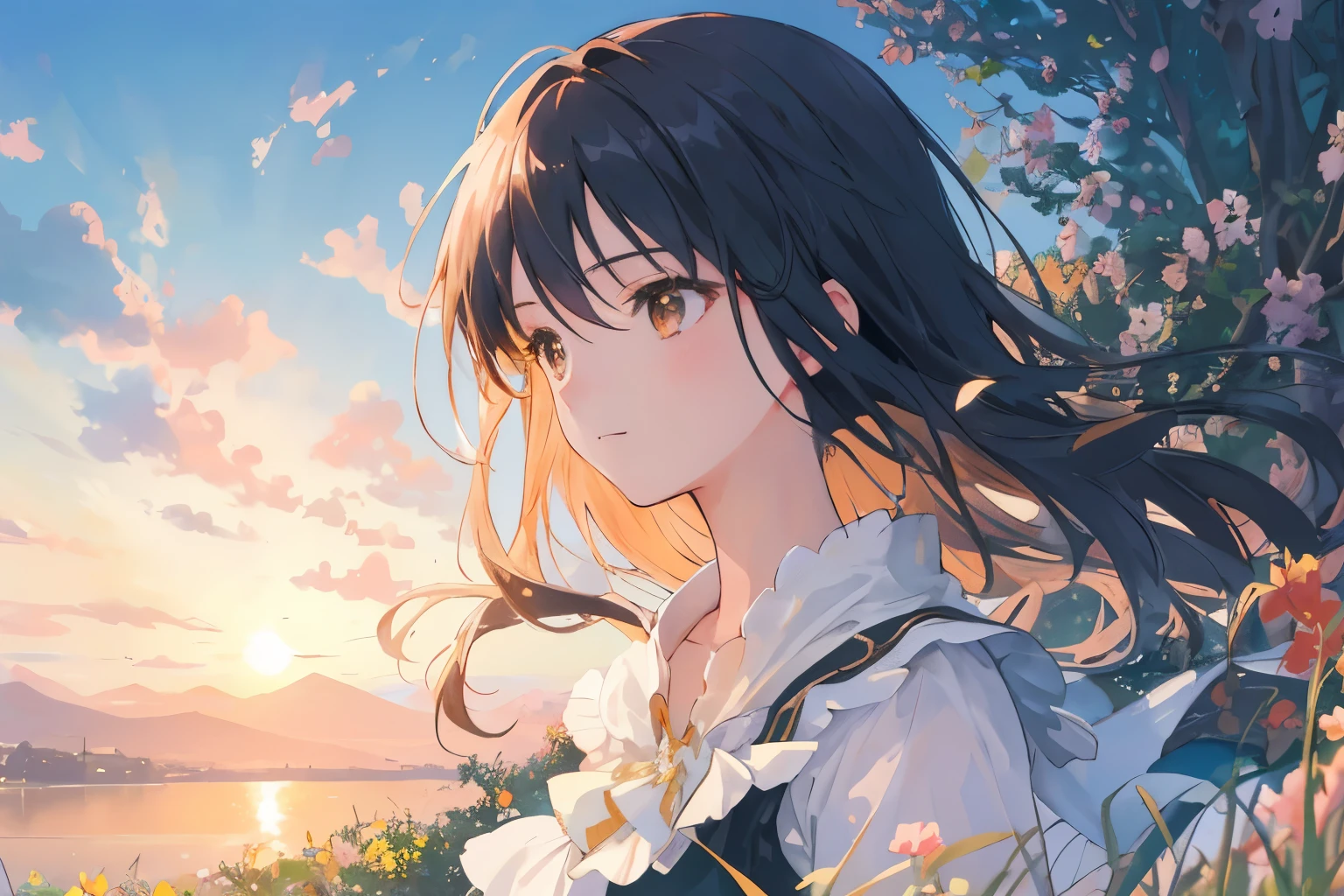 Create exquisite illustrations reminiscent of Makoto Shinkai's style, It has ultra-fine details and top-notch quality. Create a high-quality illustration of a beautiful girl sitting atop a hill, gazing at the nostalgic sunset. Ensure that the overall composition exudes a sense of nostalgia and fantasy, with intricate details capturing the essence of the moment. Pay attention to elements such as the warm hues of the setting sun casting a golden glow over the landscape, the gentle breeze ruffling the girl's hair, and the serene expression on her face as she reflects on the beauty of the scene. Aim for a finely crafted artwork that conveys the tranquility and introspection of the moment, creating a captivating and immersive atmosphere. best quality, masterpiece