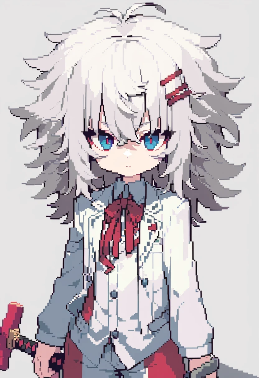 pixel art, Close-up of a man with white hair and a sword, Komaeda Nagito, Inspired by Okumura Togyu, he has dark gray hair, silver madman, Tall anime character with blue eyes, Inspired by Okumura Masanobu, young anime man, Male anime characters, Komaeda Nagito from danganronpa