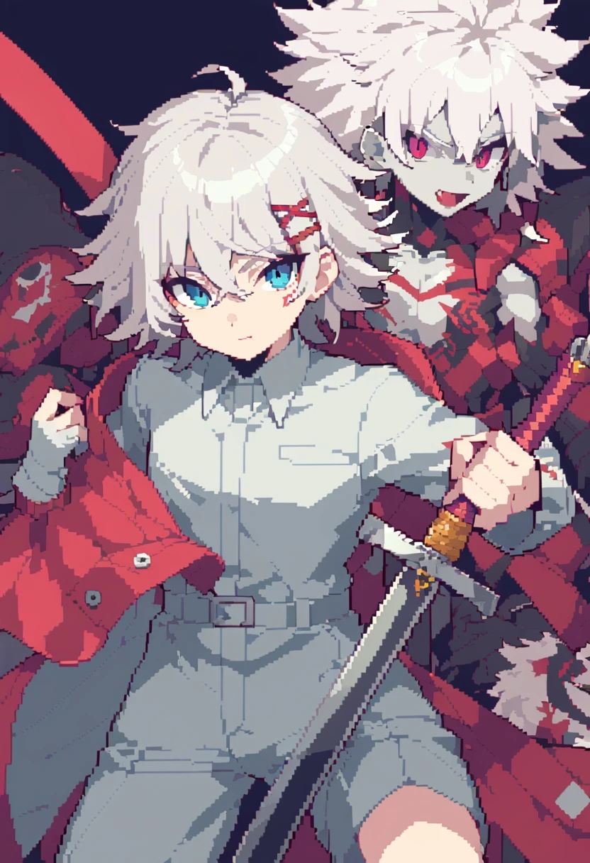 pixel art, Close-up of a man with white hair and a sword, Komaeda Nagito, Inspired by Okumura Togyu, he has dark gray hair, silver madman, Tall anime character with blue eyes, Inspired by Okumura Masanobu, young anime man, Male anime characters, Komaeda Nagito from danganronpa