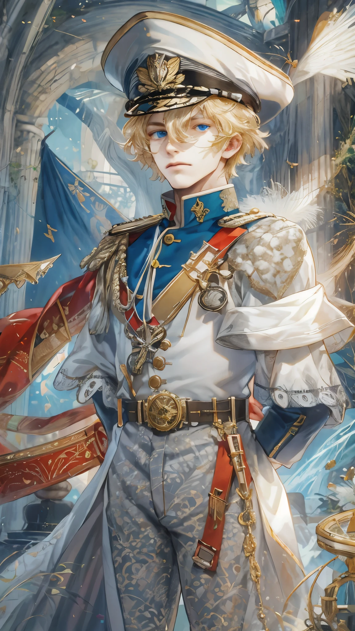 (absurdres, highres, ultra detailed), 1 male, young boy, handsome, tall guy, broad shoulders, intricate details, colorful, highest detailed, Fantasy, royal, nobleman, Admiral, short hair, blonde hair, blue eyes, fleet commander, navy, commander, white uniform, character from tales of the rays