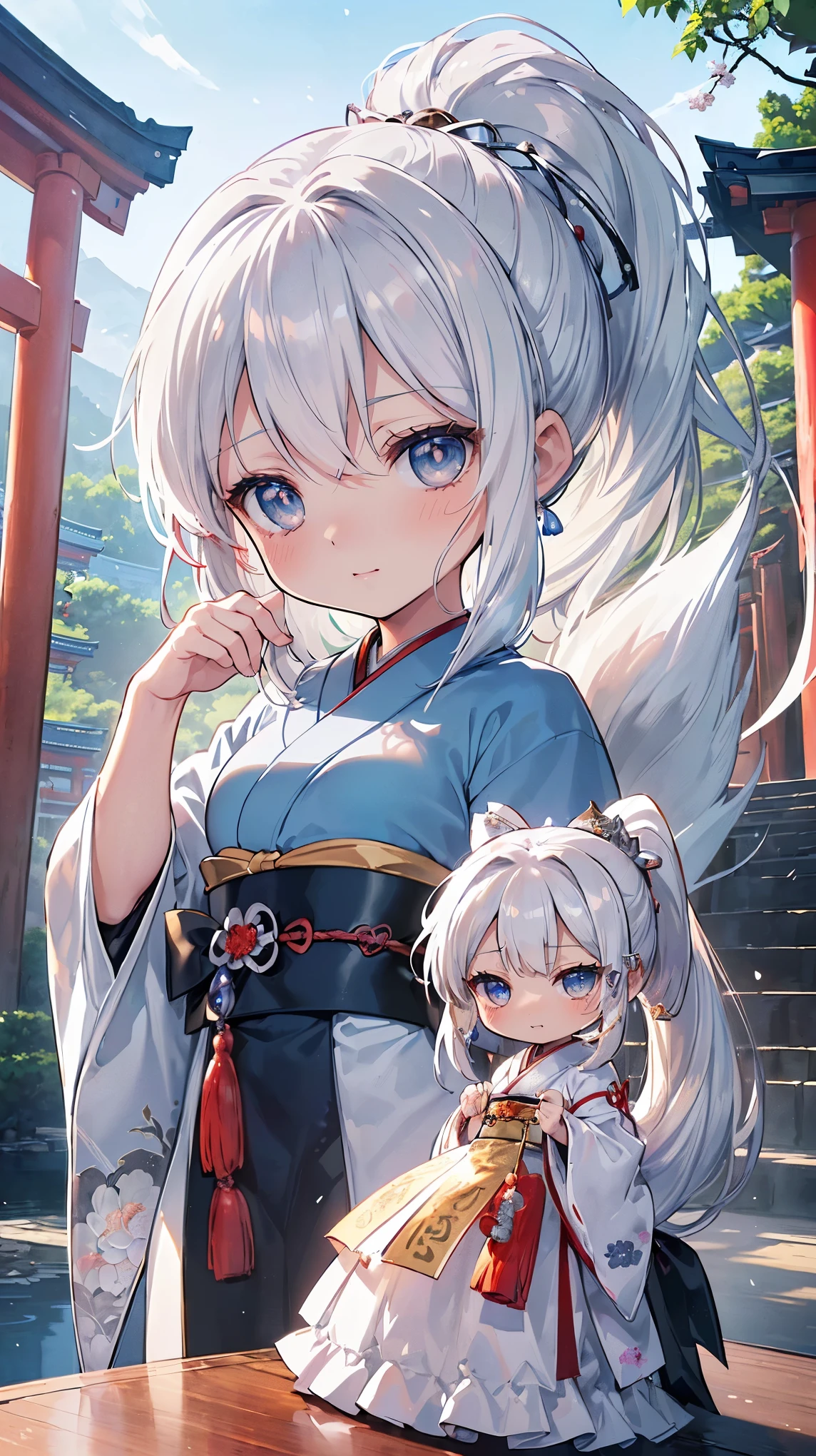 (((Masterpiece))), (((Highest quality))), ((Ultra-detailed)), ((Super fine illustration)), ((Ultra-fine painting)), (16K highest quality wallpaper:1.4), (Chibi:2.0), (Full body:1.6), HDR, (Highly detailed and delicate illustration style:1.8), Detailed skin texture, Detailed cloth texture, Extreme detailed description, (T-masterpiece), (Highly detailed face:1.2), (Highly detailed silver fox ears:1.2), (Highly detailed shiny ponytail:1.2), (Highly detailed beautiful eyes:1.2), (Highly detailed silver nine tails:1.2), Original, RAW photo, Professional, Intricate details, Super details, Direct light:1.6, (Perfect anatomy:1.4), (Highly detailed hands:1.2), (Highly detailed fingers:1.2), (Highly detailed fingertips:1.2), (27-years-old), Real, (Solo:1.6), ((A very beautiful and attractive silver fox fashion model who is a messenger of God and a traditional Japanese sacred shrine maiden:1.4)) BRAKE (Beautiful and adorable silver fox ears:1.6), (Highly detailed and delicate silver fox ears:1.4), (Beautiful and well-shaped big breasts:1.2), (Beautiful and well-shaped buttocks), (Beautiful and shiny silver ponytail:1.6), (Highly detailed and delicate silver ponytail:1.2), (Beautiful clear blue eyes that shine with great detail:1.6), (Highly detailed and delicate blue eyes:1.2), (Highly detailed face:1.4), (Smile:1.3), (Blush:1.2), (Looking at viewer:1.4) BRAKE (Brightly colored and divine traditional shrine maiden costumes at Japanese shrines:1.4), (Japanese divine traditional costume:1.2) BRAKE (Highly detailed and beautiful Ise Grand Shrine in Mie Prefecture just after noon in spring in the background:1.6), Ise Grand Shrine:1.2, Torii gate of Ise Shrine:1.2, Grounds of Ise Shrine:1.2, Highly beautiful in the sunny sky background just after noon:1.2 BRAKE