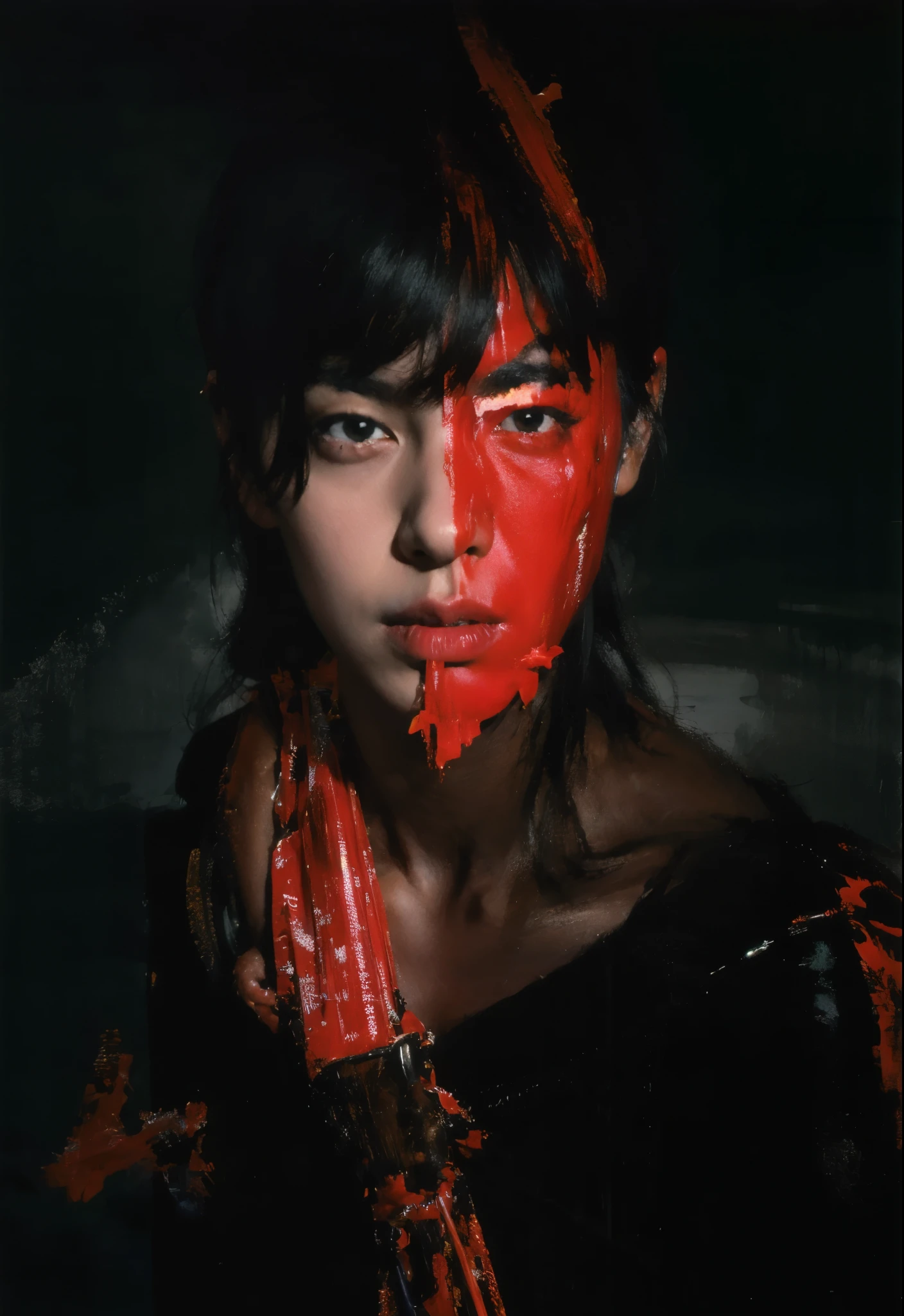 A female killer,red fluorescent light,angry eyes,murderer,revenge,reference《Kill Bill》Orc Arafad image, key character poster, Cai Xukun, critical art, Official fan art, He is very threatening and sexual, official artwork, red eyes, There is fire behind him, vibrant artistic, artistic, Inspired by Bian Shoumin, Main animated visual effects, His eyes are red and shiny, daoshi