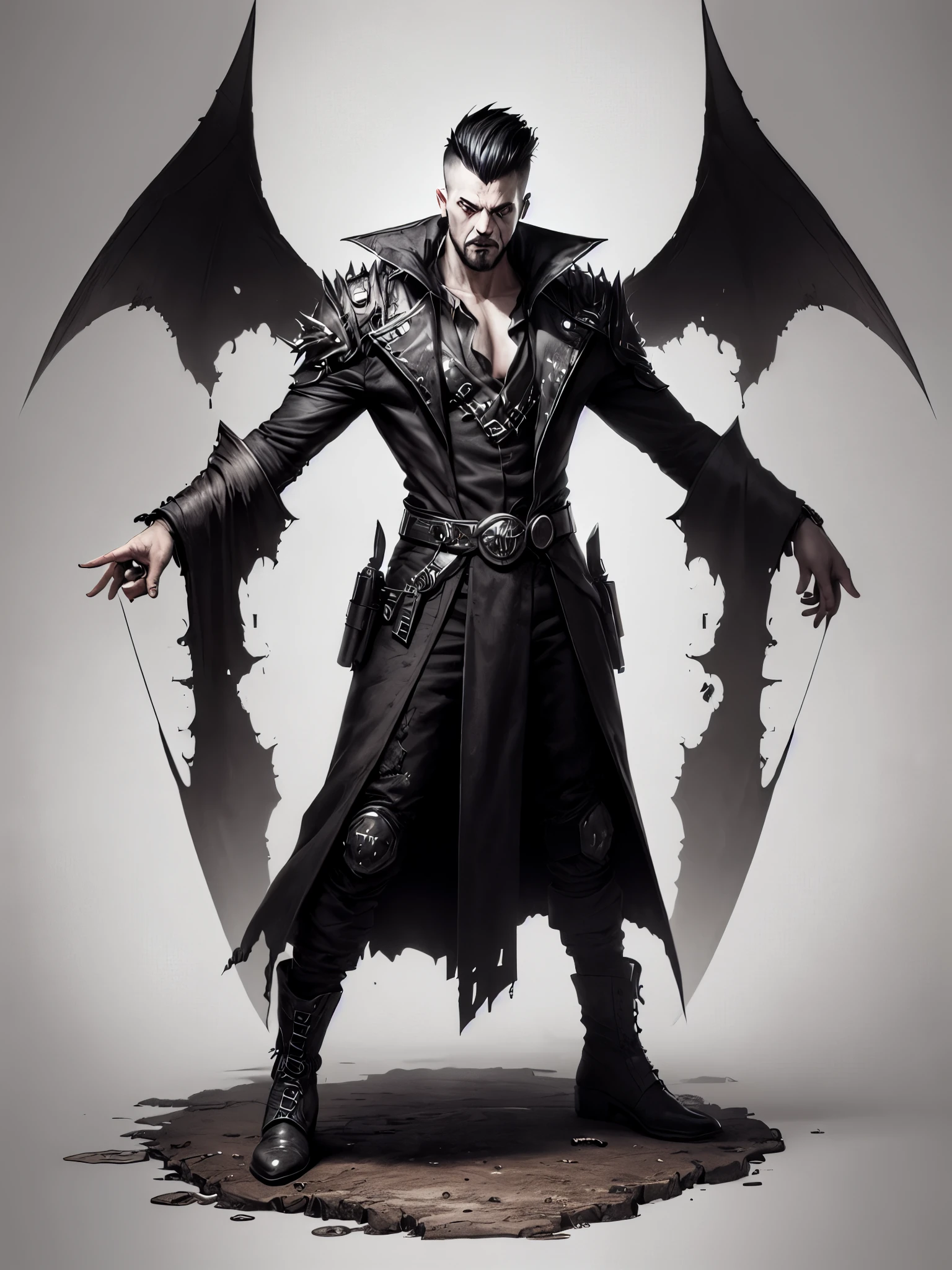 post-apocalypse, Doomsday wasteland style, concept art, character painting, full body, standing, 1boy, solo, evil man, the villain, male focus, correct hands, detailed hands, detailed body, detailed face, black hair, punk haircut, white background, holding, solo, standing, horror, science fiction, simple background, opened arms