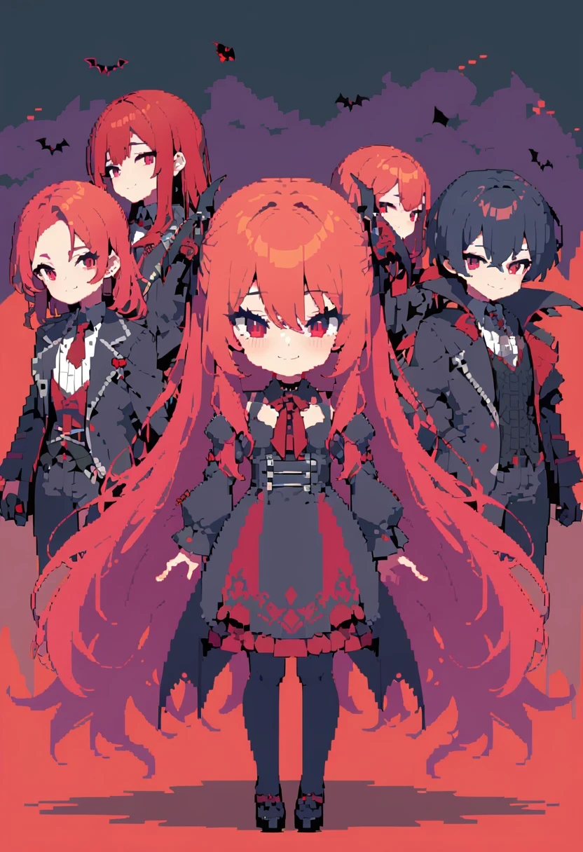 pixel art,solo, masterpiece, best quality, high resolution, 1 girl, alone, modern vampire, Red hair, long hair, open hair, Red eyes, smile, There are 2 little boys on each side of her, both vampires with Red hair, red and black clothes, scary background