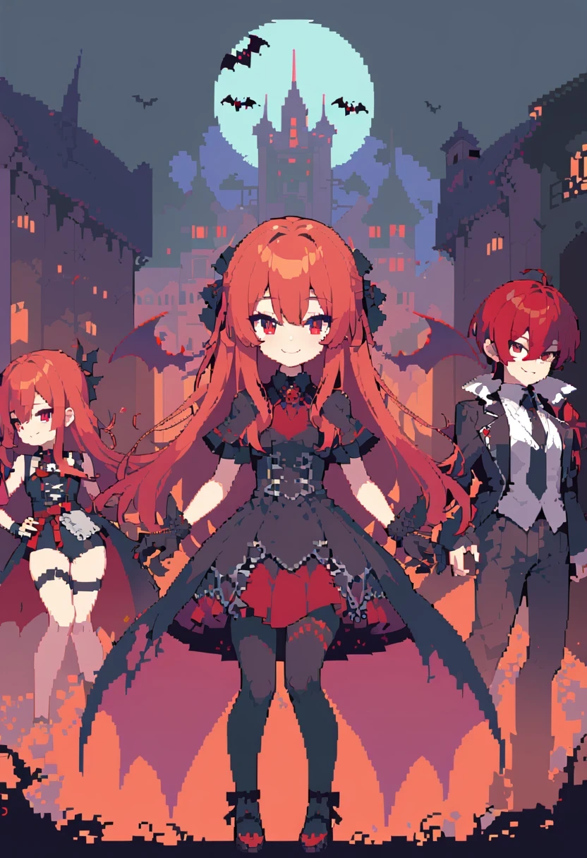 pixel art,solo, masterpiece, best quality, high resolution, 1 girl, alone, modern vampire, Red hair, long hair, open hair, Red eyes, smile, There are 2 s on each side of her, both vampires with Red hair, red and black clothes, scary background