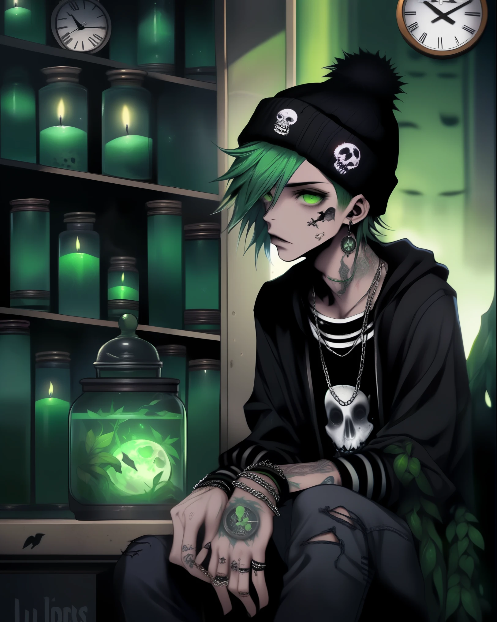 masterpiece, high quality, realistic, (((1boy))), beautiful detailed face, beautiful detailed eyes,((black lips)), medium hair, ((green hair)), (baggy torn shirt), (ripped jeans),  ((black striped beanie)), black converse, grey eyes, tattoos, neck tattoo, spiked choker, spiked bracelets, , long elf ears, [plants],  [potted plants], ((potion bottles)), [big window], ((full moon)), [Library], ((goth)), ((clocks)), ((skulls)), ((dust)), (candles), (((night))),  sleepy