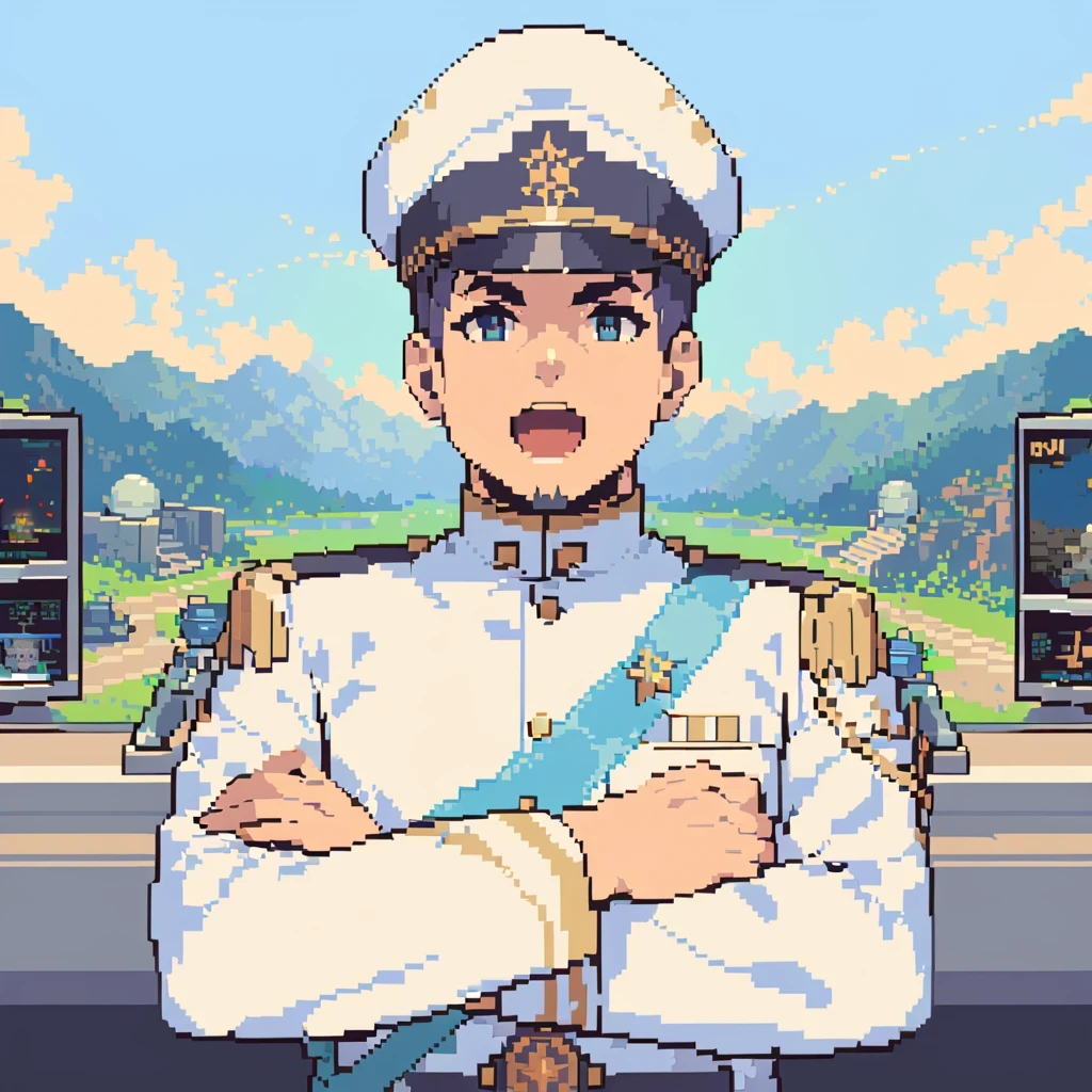 pixel art, ridiculous resolution, High resolution, (masterpiece: 1.4), Ultra-detailed, Middle-aged man in military uniform, observatory background, Screen wall, etc., Open your mouth excitedly, Upper body photo