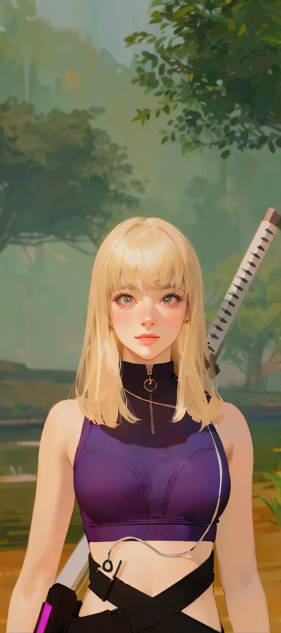 (UHD, retina, masterpiece, accurate, anatomically_correct, textured_skin, super_detail, high_details, high_quality, best_quality, high_res, 1080P, HD, 4K, 8k, 16k), (beautiful_detailed_eyes, beautiful_detailed_lips, extremely_detailed_eyes_and_face), soft_lighting, physically-based_rendering, vivid_colors, (large_breasts:1.5), (shiny_hair, shiny_skin, tanned_skin, blush), (bangs:1.5), eye_reflection, (bokeh), smile_and_laugh, (sleeveless_business_shirt:1.5), from side,