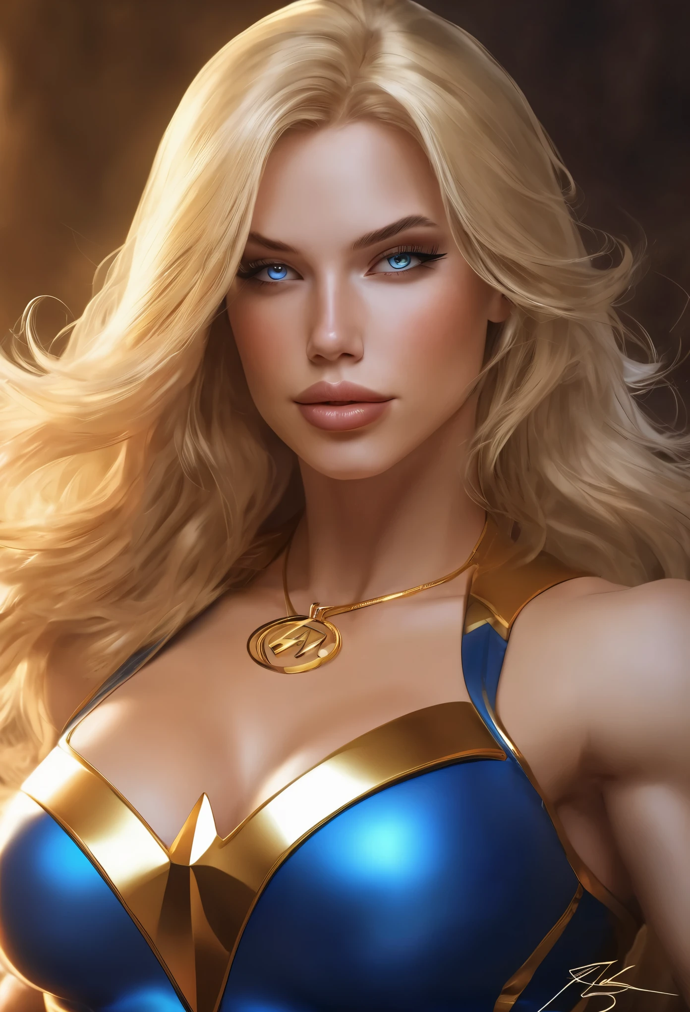 Sexy superheroine wavy blonde hair glowing blue eyes wears a blue outfit gold shoulder pads gold bracelets revealing abs midriff a Z symbol on her chest portrait photography by artgerm, in the style of realism, glistening skin, cartooncore, mangacore, natural lighting, Defined full lips. Muscular fitness feminine body