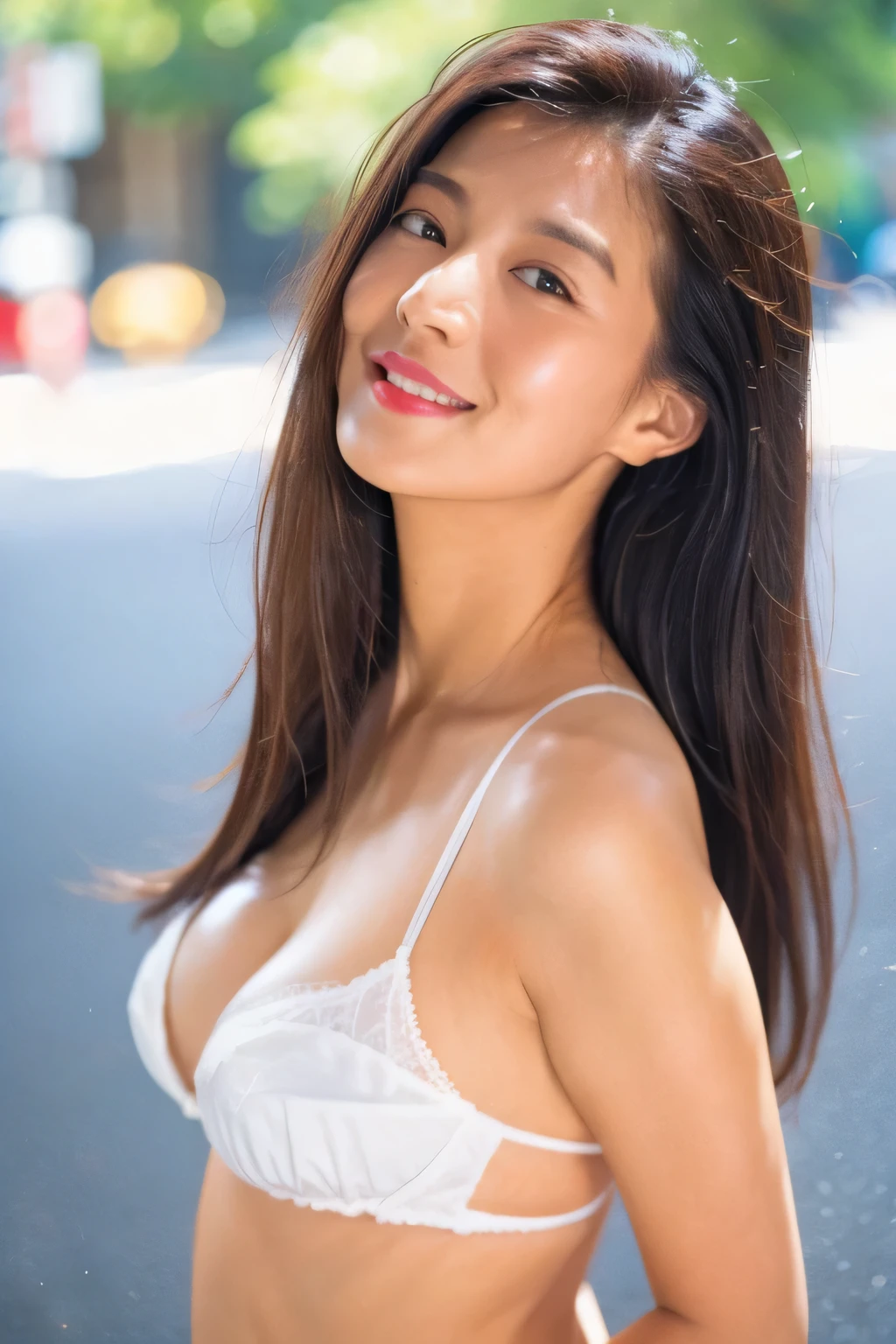 NSFW:1.5,((highest quality、8K resolution、master masterpiece、portrait:1.3)), Photoreal, 35mm film, 1 Japanese female, Upper body,Beautiful woman, on the street during the day, wrinkles around the eyes, plump body、smile,((white bra_panties:1.3)) , (outdoor:city street 1.3), jumbled background,look at the audience,Tokyo cityscape:1.3,laugh