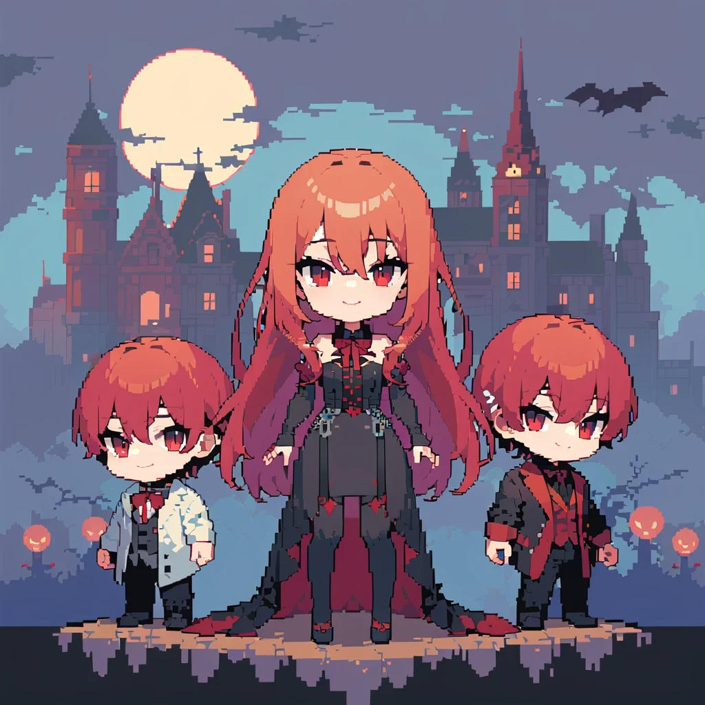 pixel art, masterpiece, best quality, high resolution, 1 girl, alone, modern vampire, Red hair, long hair, open hair, Red eyes, smile, There are 2 little boys on each side of her, both vampires with Red hair, red and black clothes, scary background