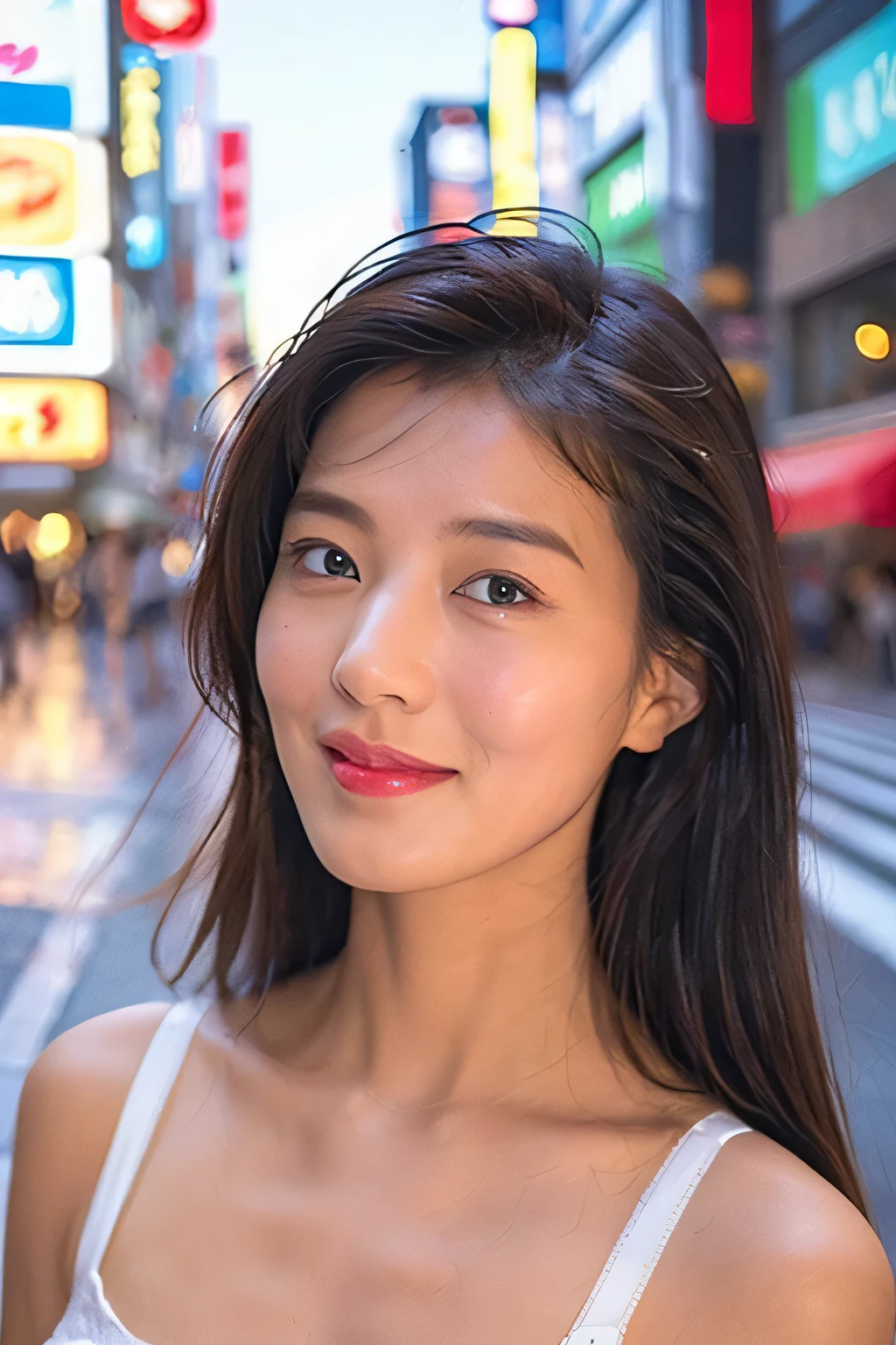 NSFW:1.5,((highest quality、8K resolution、master masterpiece、portrait:1.3)), Photoreal, 35mm film, 1 Japanese female, Upper body,Beautiful woman, on the street during the day, wrinkles around the eyes, plump body、smile,((white bra_panties:1.3)) , (outdoor:city street 1.3), jumbled background,look at the audience,Tokyo cityscape:1.3,laugh