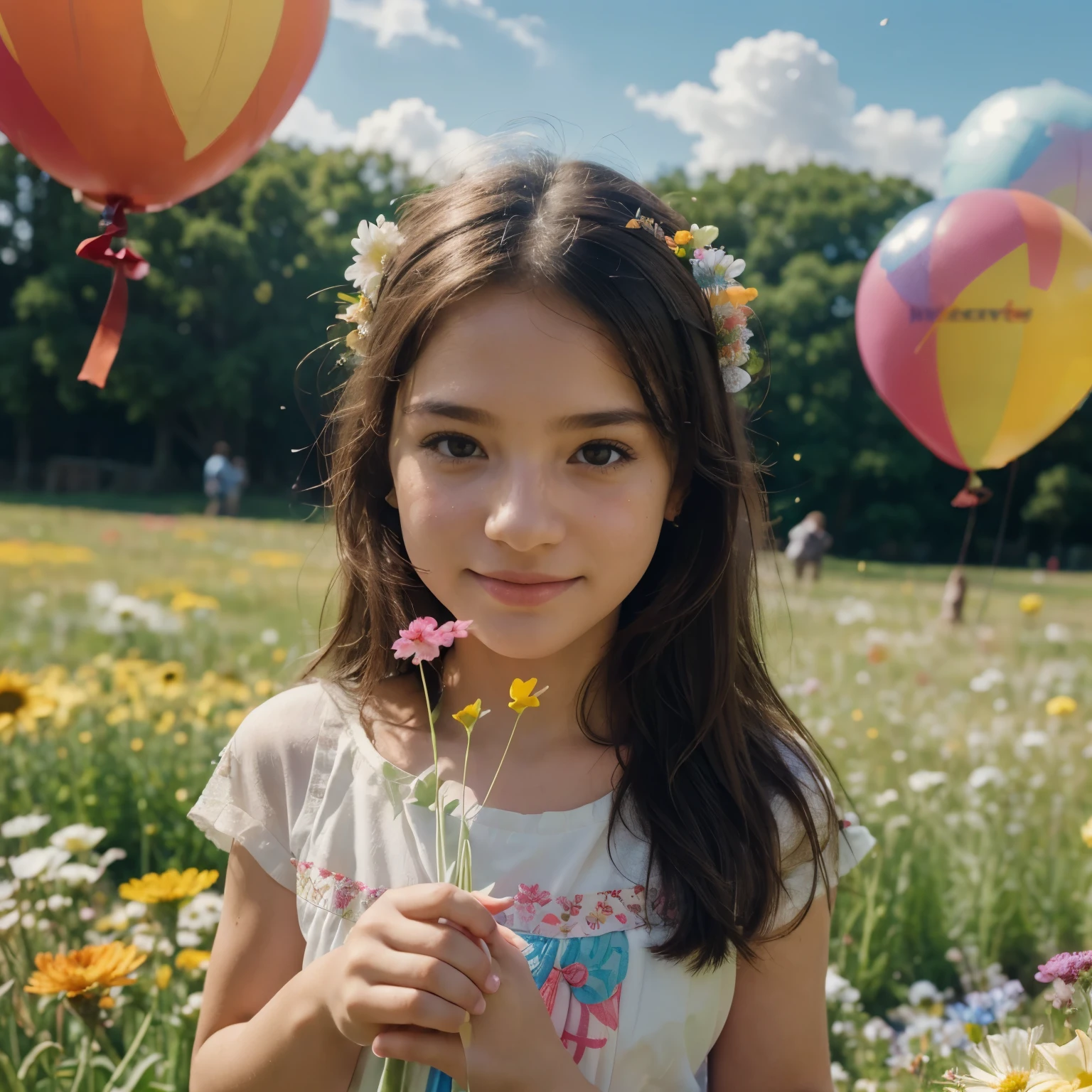 A beby holding flowers, colorful balloons floating in the sky, meadow, dancing, holding flowers, happy, happy, perfect quality, clear focus (clutter-home: 0.8), (masterpiece: 1.2) (Realistic: 1.2) (Bokeh) (Best quality) (Detailed skin: 1.3) (Intricate details) (8K) (Detail Eyes) (Sharp Focus), (Happy)
INFO