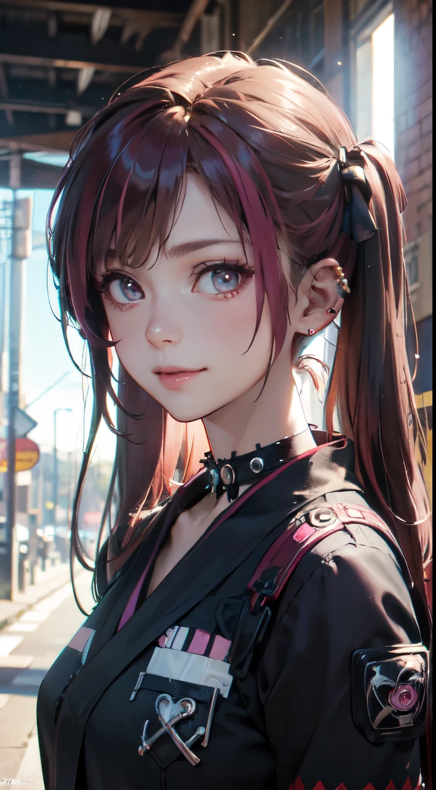 Old body portrait of a beautiful girl、Delicate、detaileds、masterpiece、Real Stick、3D background、Backgrounds with depth、Realistically exaggerate changes in material texture、Exaggeration of gloss、The best transcendental virtuosity、twin tails、pink hair color、(punk fashion:1.3), (punk hair:1.5), (lots of accessories:1.2), (kimono:0.9), choker, looking at viewer, 1girl, smile,
BREAK
best quality, ultra detailed, ultra realism, photographic, sunlight, realistic shadows, realistic lighting, beautiful lighting,
BREAK
cherry blossom background