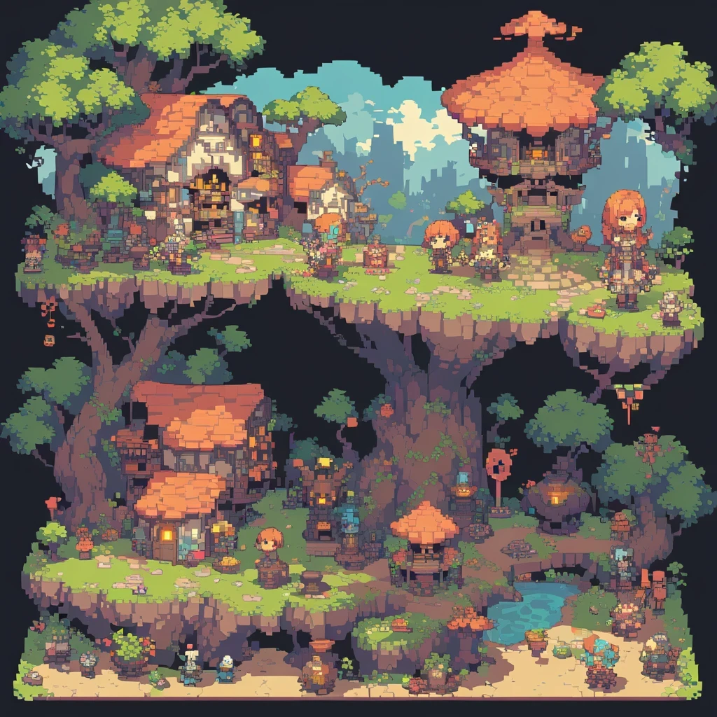 detailed pixel art, vibrant colors, nostalgic, 8-bit style, retro gaming aesthetic, pixelated characters and scenery, pixel-perfect creations, crisp edges, square pixels, low resolution, blocky structures, dynamic animations, iconic sprites, nostalgic video game references, classic gaming consoles, whimsical and charming, simple yet expressive, limited color palette, visual storytelling, immersive gaming experience, creative and imaginative, intricate designs, handcrafted pixel art, vintage gaming vibes.