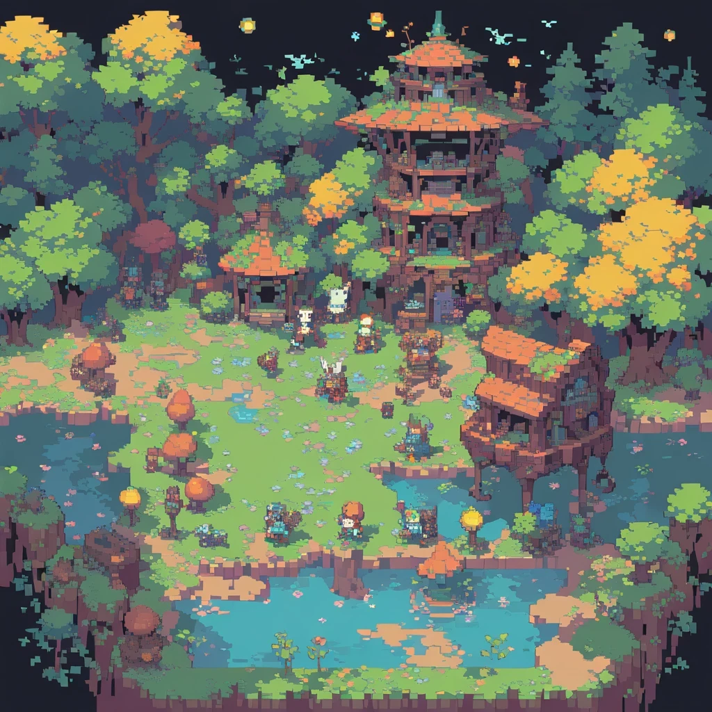 detailed pixel art, vibrant colors, nostalgic, 8-bit style, retro gaming aesthetic, pixelated characters and scenery, pixel-perfect creations, crisp edges, square pixels, low resolution, blocky structures, dynamic animations, iconic sprites, nostalgic video game references, classic gaming consoles, whimsical and charming, simple yet expressive, limited color palette, visual storytelling, immersive gaming experience, creative and imaginative, intricate designs, handcrafted pixel art, vintage gaming vibes.