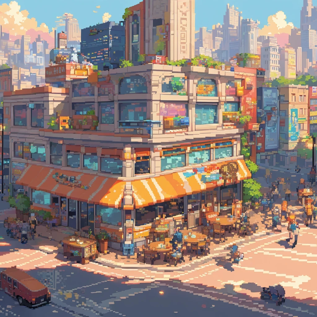 (highres,realistic) a colorful and vibrant pixel art masterpiece[art] depicting a bustling cityscape[scene]. The high-resolution[best quality,12k] image showcases intricate details[ultra-detailed] of the architecture, vehicles, and people in the city. The pixel art style captures the essence of retro gaming, with each pixel carefully placed to create a nostalgic and visually appealing composition.

The city is filled with tall skyscrapers, their windows reflecting the warm hues of the sunset[colors]. Neon signs illuminate the streets, casting a vibrant glow on the lively hustle and bustle below. People of different ages and backgrounds contribute to the diversity and liveliness of the scene.

The city streets are packed with cars, buses, and bicycles. The vehicles are detailed and realistic[realistic], showcasing their different shapes and colors. Pedestrians walk on the sidewalks, some hurrying to their destinations, while others leisurely stroll and enjoy the city's atmosphere.

The buildings in the cityscape are crafted with incredible precision and attention to detail. From the grandeur of the corporate headquarters to the cozy charm of the cafes and shops that line the streets, each structure tells a unique story.

The pixel art incorporates shading and lighting techniques that add depth and dimension to the scene. The sunlight casts long shadows on the pavement, creating a sense of realism and depth. The cityscape feels alive and dynamic, with the play of light and shadow enhancing its visual impact.

The pixel art style also allows for the exploration of vibrant and diverse color palettes. From the warm tones of the setting sun to the neon lights that adorn the city, the color scheme adds a sense of energy and excitement to the image.

Overall, this high-resolution[best quality,12k], realistic[realistic], and detailed pixel art masterpiece[art] captures the charm and vibrancy of a bustling cityscape, showcasing the creativity and skill of the artist. The intr
