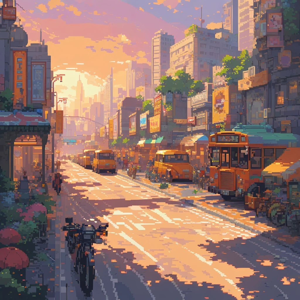 (highres,realistic) a colorful and vibrant pixel art masterpiece[art] depicting a bustling cityscape[scene]. The high-resolution[best quality,12k] image showcases intricate details[ultra-detailed] of the architecture, vehicles, and people in the city. The pixel art style captures the essence of retro gaming, with each pixel carefully placed to create a nostalgic and visually appealing composition.

The city is filled with tall skyscrapers, their windows reflecting the warm hues of the sunset[colors]. Neon signs illuminate the streets, casting a vibrant glow on the lively hustle and bustle below. People of different ages and backgrounds contribute to the diversity and liveliness of the scene.

The city streets are packed with cars, buses, and bicycles. The vehicles are detailed and realistic[realistic], showcasing their different shapes and colors. Pedestrians walk on the sidewalks, some hurrying to their destinations, while others leisurely stroll and enjoy the city's atmosphere.

The buildings in the cityscape are crafted with incredible precision and attention to detail. From the grandeur of the corporate headquarters to the cozy charm of the cafes and shops that line the streets, each structure tells a unique story.

The pixel art incorporates shading and lighting techniques that add depth and dimension to the scene. The sunlight casts long shadows on the pavement, creating a sense of realism and depth. The cityscape feels alive and dynamic, with the play of light and shadow enhancing its visual impact.

The pixel art style also allows for the exploration of vibrant and diverse color palettes. From the warm tones of the setting sun to the neon lights that adorn the city, the color scheme adds a sense of energy and excitement to the image.

Overall, this high-resolution[best quality,12k], realistic[realistic], and detailed pixel art masterpiece[art] captures the charm and vibrancy of a bustling cityscape, showcasing the creativity and skill of the artist. The intr