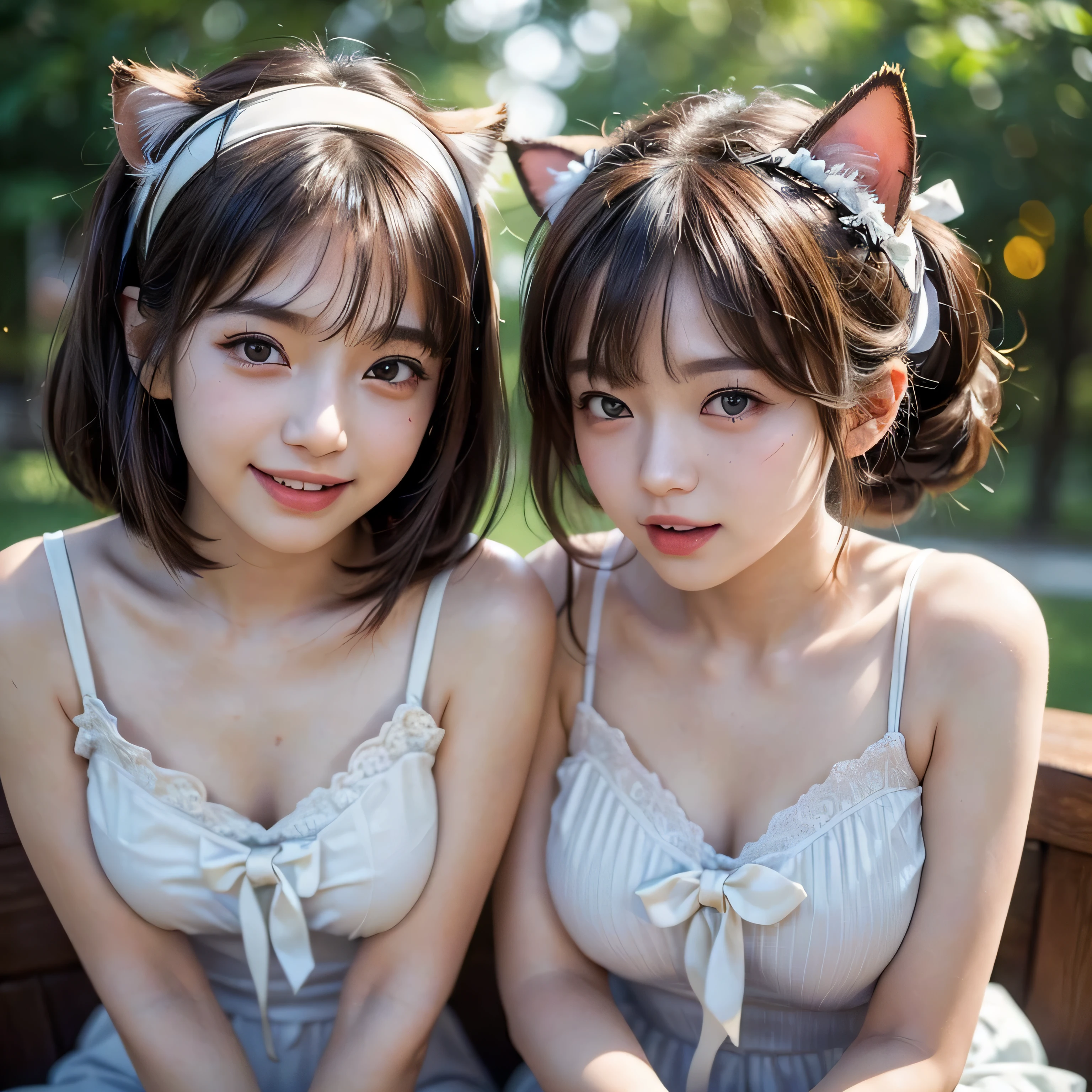 ((top-quality, Top image quality, super high resolution)), ((2girls, childlike face, blowjob, bird's eye view, topless)), Neat and clean beautiful girl, slender, large breasts, Round contour, smile, drooping eyes, White teeth, idol, Ultra-detailed and beautiful skin, thin eyebrows, pale skin, light skinned, brown hair, half updo, bangs, Super detailed and beautiful face, slim body, small hip, cat ears,