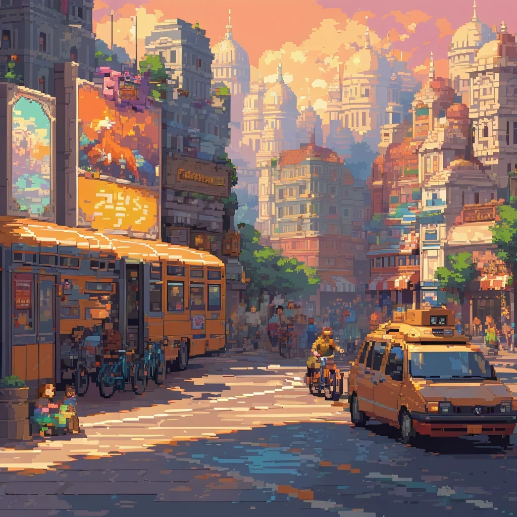 (highres,realistic) a colorful and vibrant pixel art masterpiece[art] depicting a bustling cityscape[scene]. The high-resolution[best quality,12k] image showcases intricate details[ultra-detailed] of the architecture, vehicles, and people in the city. The pixel art style captures the essence of retro gaming, with each pixel carefully placed to create a nostalgic and visually appealing composition.

The city is filled with tall skyscrapers, their windows reflecting the warm hues of the sunset[colors]. Neon signs illuminate the streets, casting a vibrant glow on the lively hustle and bustle below. People of different ages and backgrounds contribute to the diversity and liveliness of the scene.

The city streets are packed with cars, buses, and bicycles. The vehicles are detailed and realistic[realistic], showcasing their different shapes and colors. Pedestrians walk on the sidewalks, some hurrying to their destinations, while others leisurely stroll and enjoy the city's atmosphere.

The buildings in the cityscape are crafted with incredible precision and attention to detail. From the grandeur of the corporate headquarters to the cozy charm of the cafes and shops that line the streets, each structure tells a unique story.

The pixel art incorporates shading and lighting techniques that add depth and dimension to the scene. The sunlight casts long shadows on the pavement, creating a sense of realism and depth. The cityscape feels alive and dynamic, with the play of light and shadow enhancing its visual impact.

The pixel art style also allows for the exploration of vibrant and diverse color palettes. From the warm tones of the setting sun to the neon lights that adorn the city, the color scheme adds a sense of energy and excitement to the image.

Overall, this high-resolution[best quality,12k], realistic[realistic], and detailed pixel art masterpiece[art] captures the charm and vibrancy of a bustling cityscape, showcasing the creativity and skill of the artist. The intr