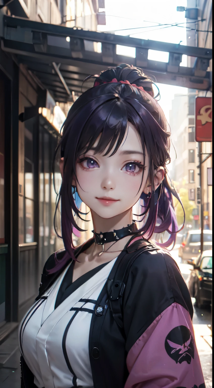 Old body portrait of a beautiful girl、Delicate、detaileds、masterpiece、Real Stick、3D background、Backgrounds with depth、Realistically exaggerate changes in material texture、Exaggeration of gloss、The best transcendental virtuosity、ponytail、Purple hair color、purple hair color、(punk fashion:1.3), (punk hair:1.5), (lots of accessories:1.2), (kimono:0.9), choker, looking at viewer, 1girl, smile, 和服
BREAK
best quality, ultra detailed, ultra realism, photographic, sunlight, realistic shadows, realistic lighting, beautiful lighting,
BREAK
cherry blossom background