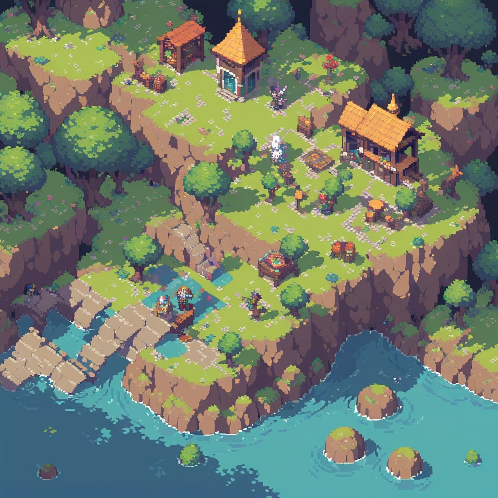 pixel art,top view，big scene，pixelated,8-bit,retro game,vibrant colors,detailed sprites,retro style,pixel animation,low resolution，no human