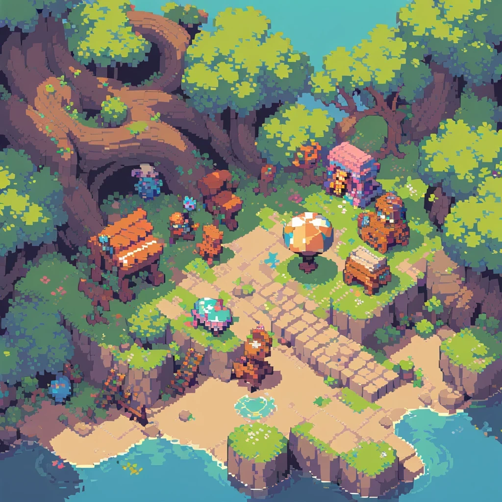 pixel art,top view,big scene,pixelated,8-bit,retro game,vibrant colors,detailed sprites,retro style,pixel animation,low resolution,no human