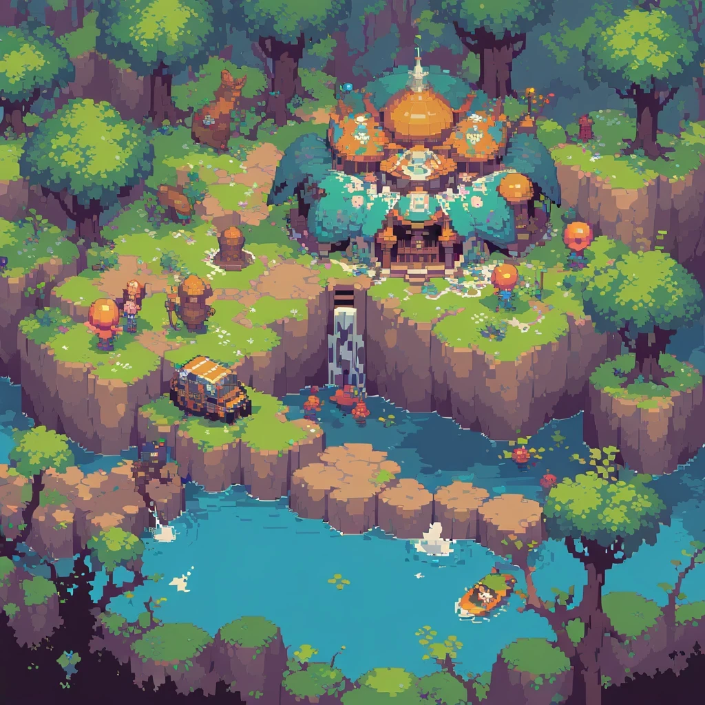 pixel art,top view,big scene,pixelated,8-bit,retro game,vibrant colors,detailed sprites,retro style,pixel animation,low resolution,no human