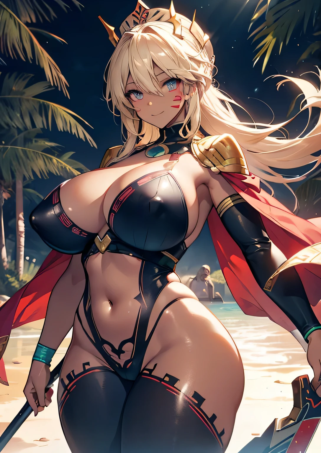 anime illustration、Highest image quality、jungle、A voluptuous dark-skinned Aztec female hunter、Artoria、perfect proportionanga eyes、wild battle suit、Overwhelmingly big breasts beyond the norm、thick legs、cowboy shot、Cheerful smile、Estrus、Split、body paint、face paint