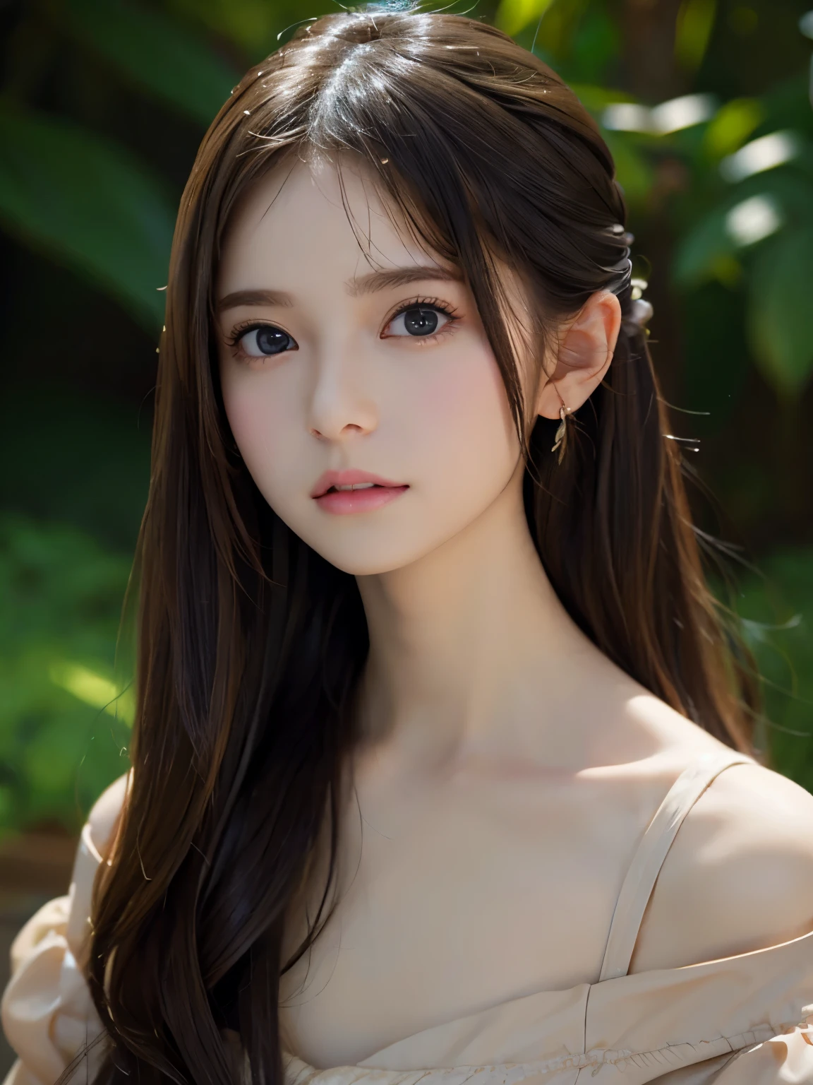 Close-up portrait of a woman wearing a brown off-shoulder top dress and earrings, soft portrait shot 8k, nice delicate face, High quality 4K portraits, high quality portrait, soft and perfect pale skin, 8K highly detailed face, beautiful delicate face, beautiful light big eyes, beautiful and realistic face, beautiful young woman, beautiful and realistic face, cute young woman