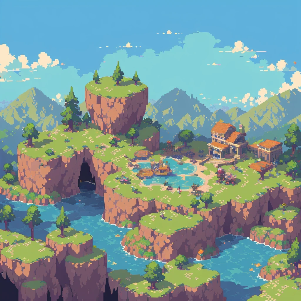 pixel art,top view，big scene，pixelated,8-bit,retro game,vibrant colors,detailed sprites,retro style,pixel animation,low resolution，no human